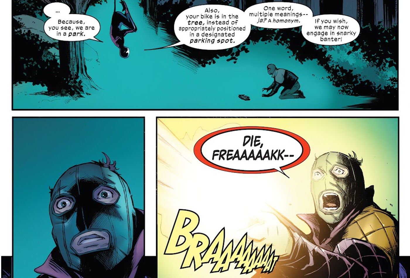 Panels aus Uncanny Spider-Man #1, Nightcrawler Spider-Man macht Witze