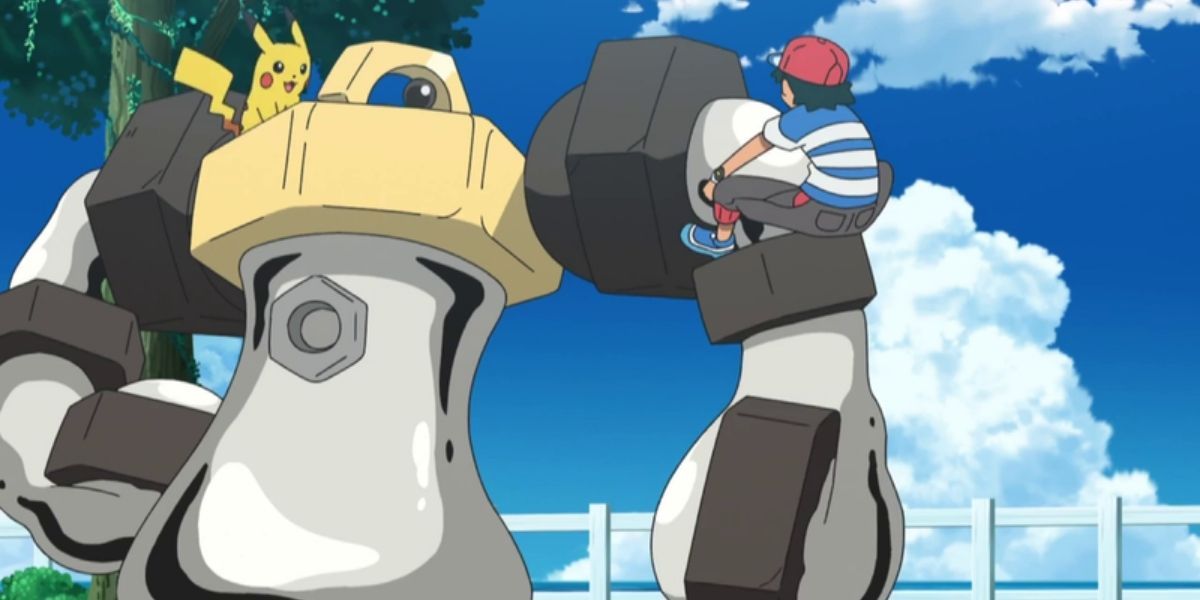 Ash und Pikachu klettern in Pokémon auf Melmetals Körper