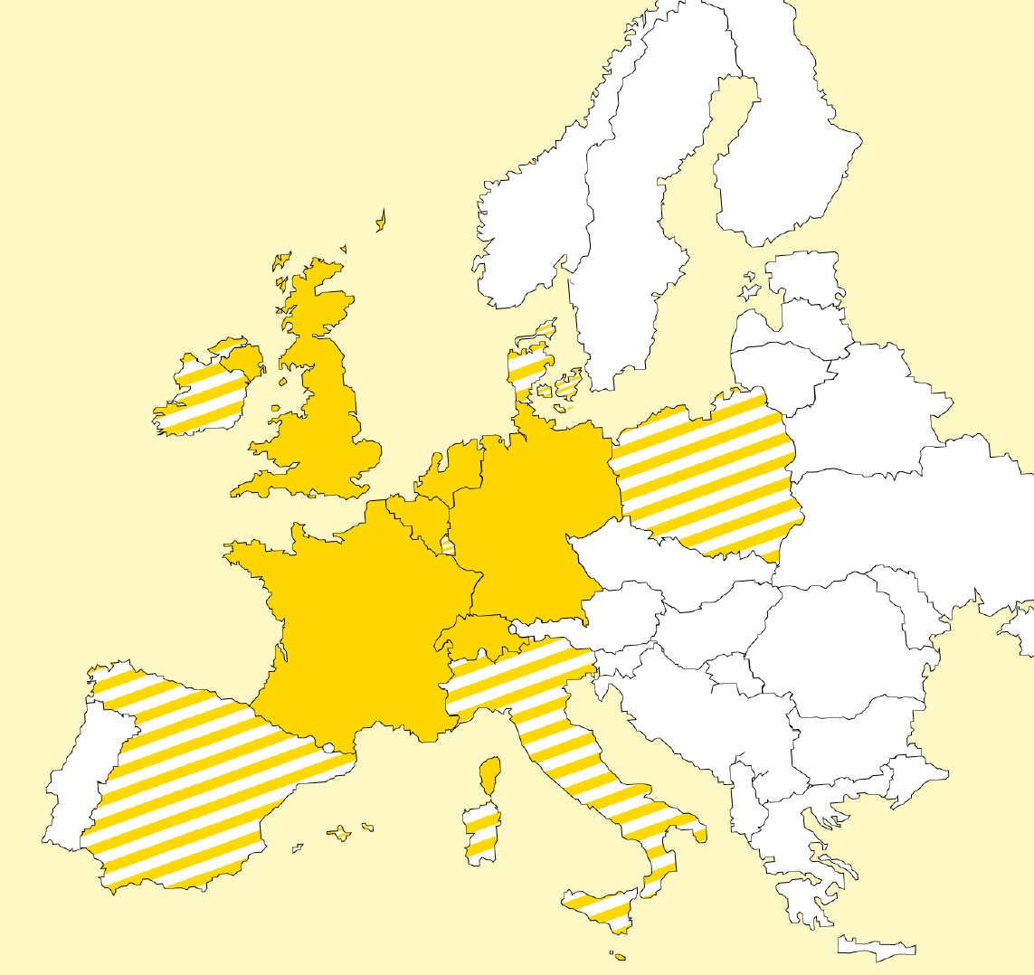 Neue Marktkarte.  Aktuelle Länder in durchgehendem Gelb.  Neue Länder in gestreiftem Gelb.