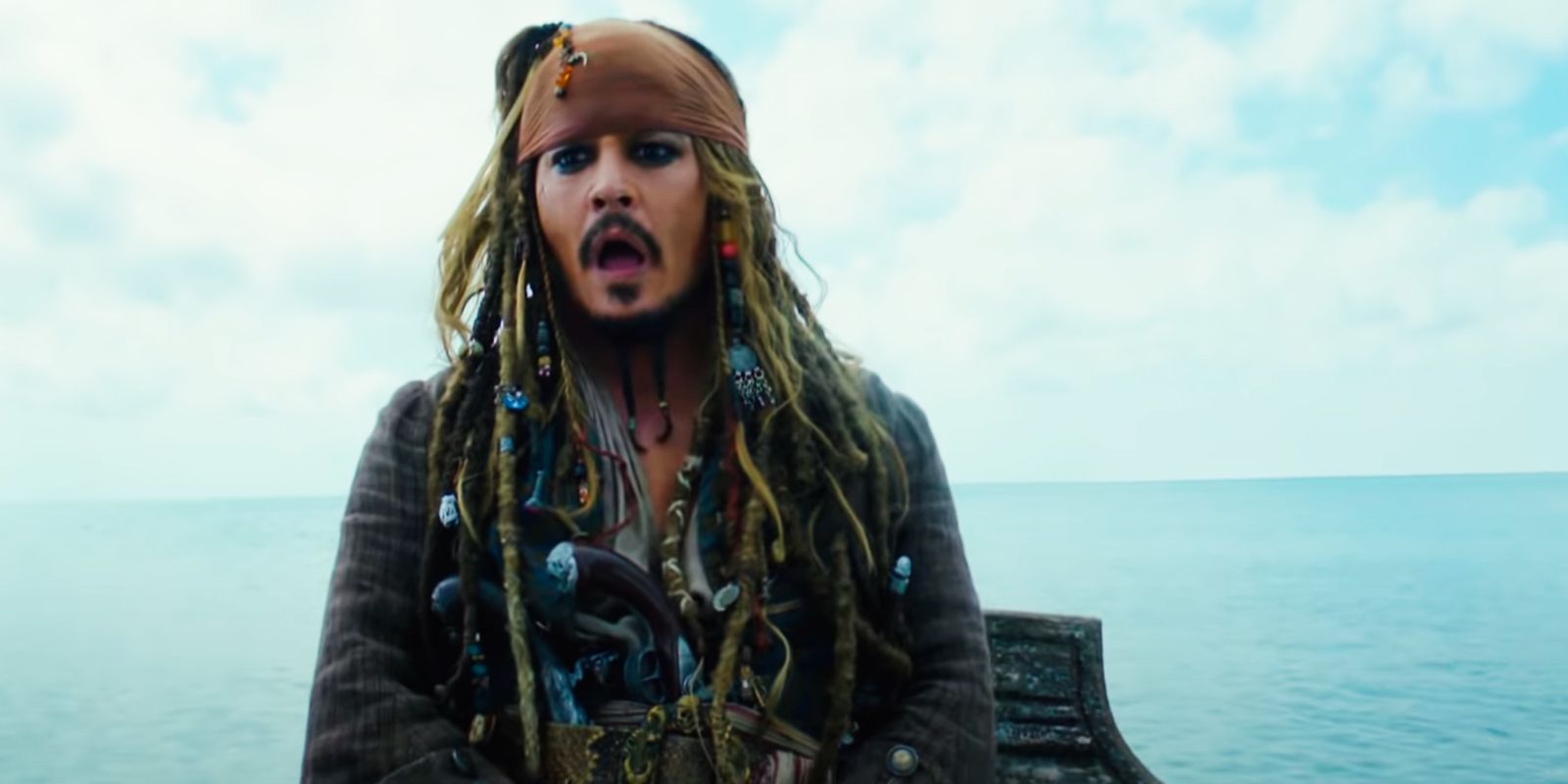 Johnny Depp als Jack Sparrow in „Pirates of the Caribbean Dead Men Tell No Tales“ sieht überrascht aus
