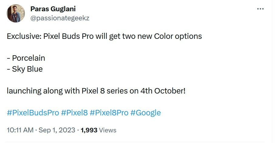 Tipster enthüllt angeblich neue Farben für die Pixel Buds Pro – Gerüchten zufolge werden die neuen Farben der Pixel Buds Pro mit zwei der möglichen Farboptionen des Pixel 8 Pro übereinstimmen