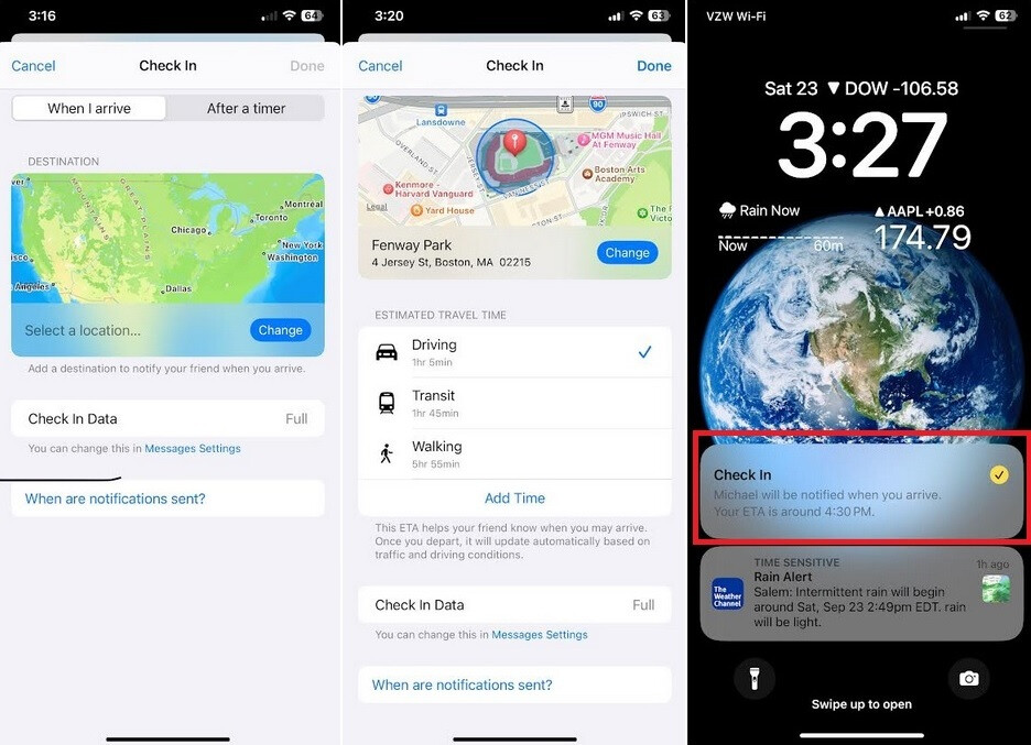 Einchecken für einen Ausflug nach Fenway Park festlegen – Wie iPhone-Benutzer mit iOS 17 ihre Eltern, Ehepartner und Freunde davon abhalten können, sich Sorgen zu machen