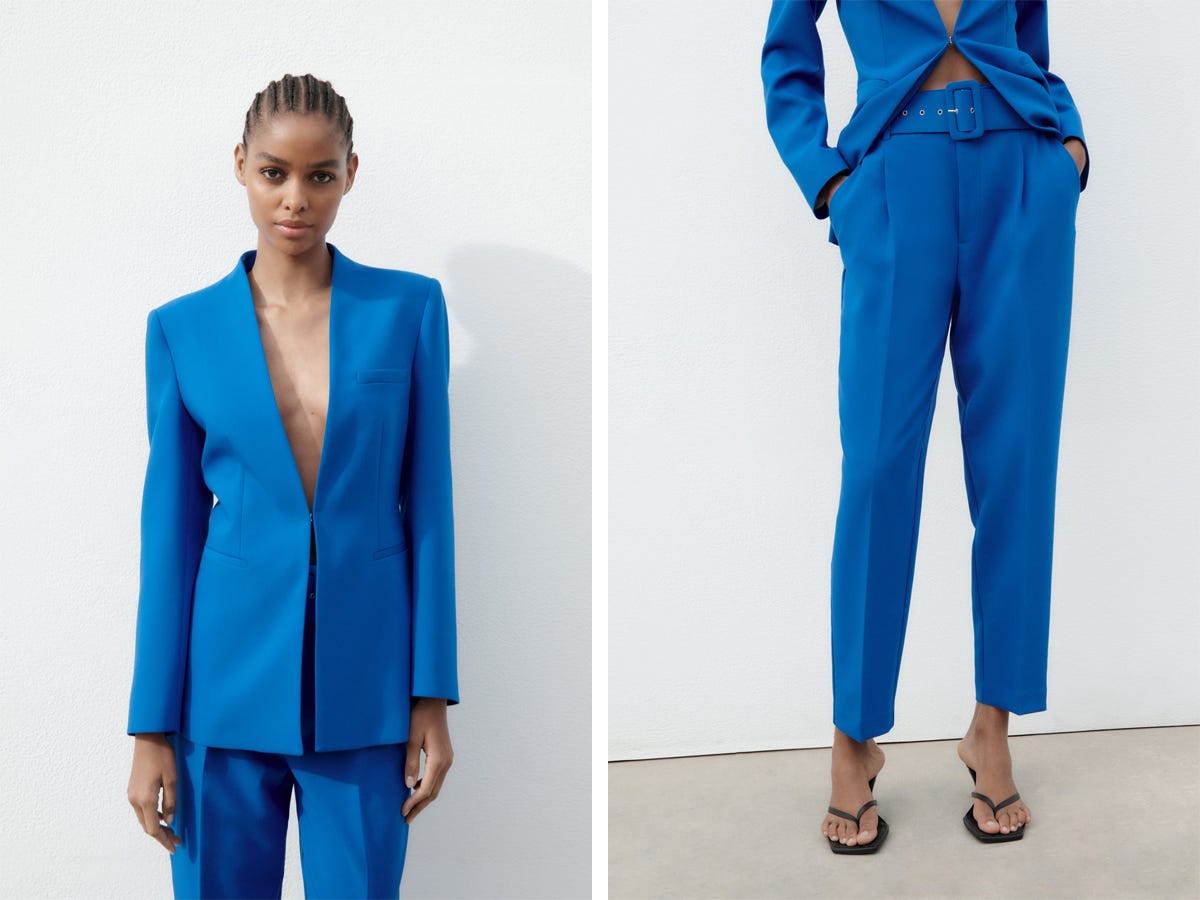 Nebeneinander Bilder einer Frau, die einen leuchtend blauen Zara-Anzug trägt.  Die linke Seite zeigt sie im Blazer, während auf der rechten Seite nur die untere Hälfte ihres Körpers in der Hose zu sehen ist.