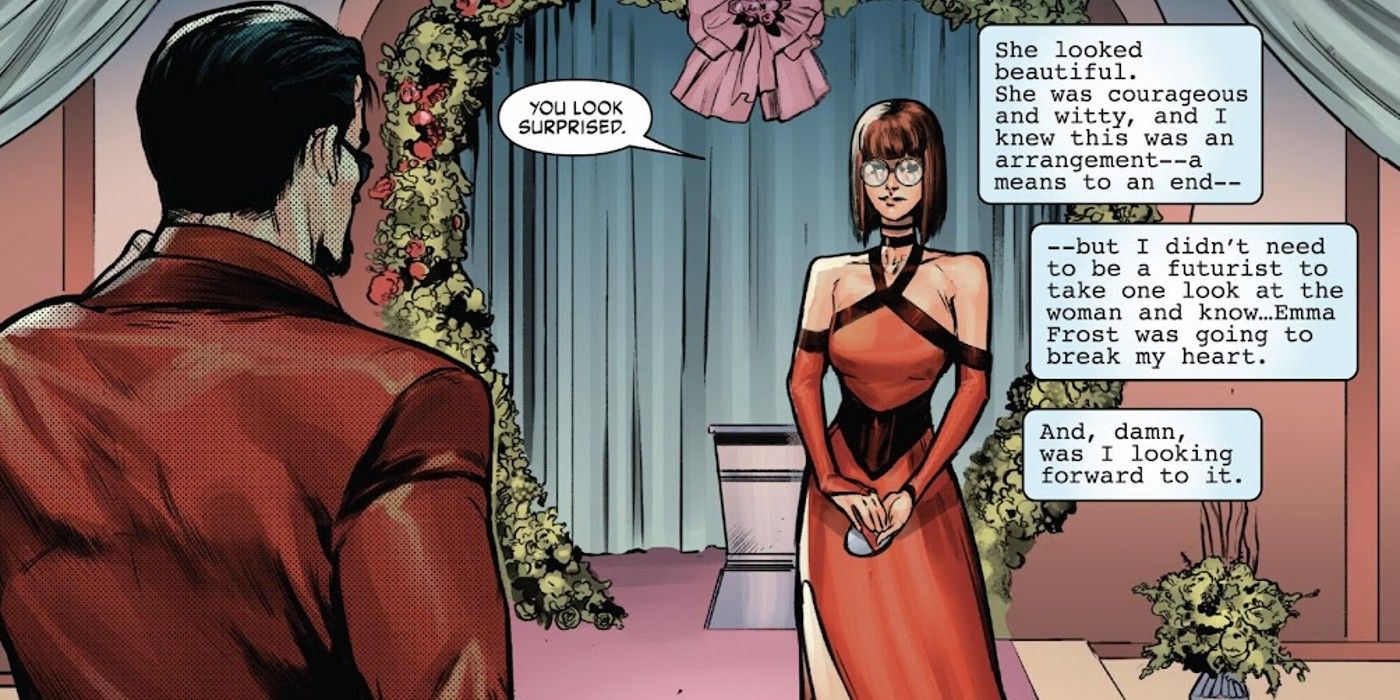 Iron Man sieht Emma Frost in ihrem Hochzeitskleid, Panels aus Invincible Iron Man #10