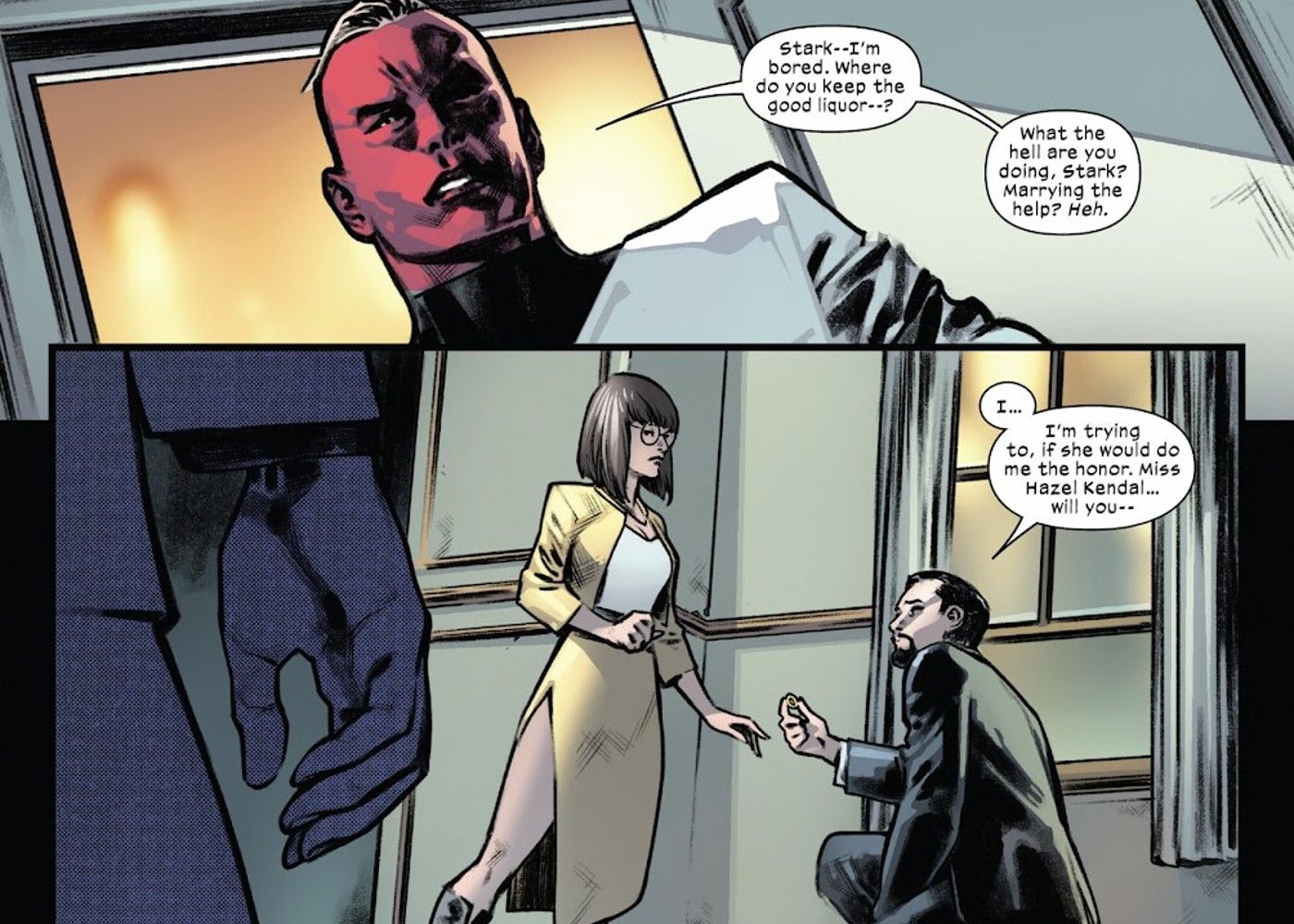 Tony Stark Iron Man macht Emma Frost vor Feilong einen Heiratsantrag, Panels aus X-Men #26