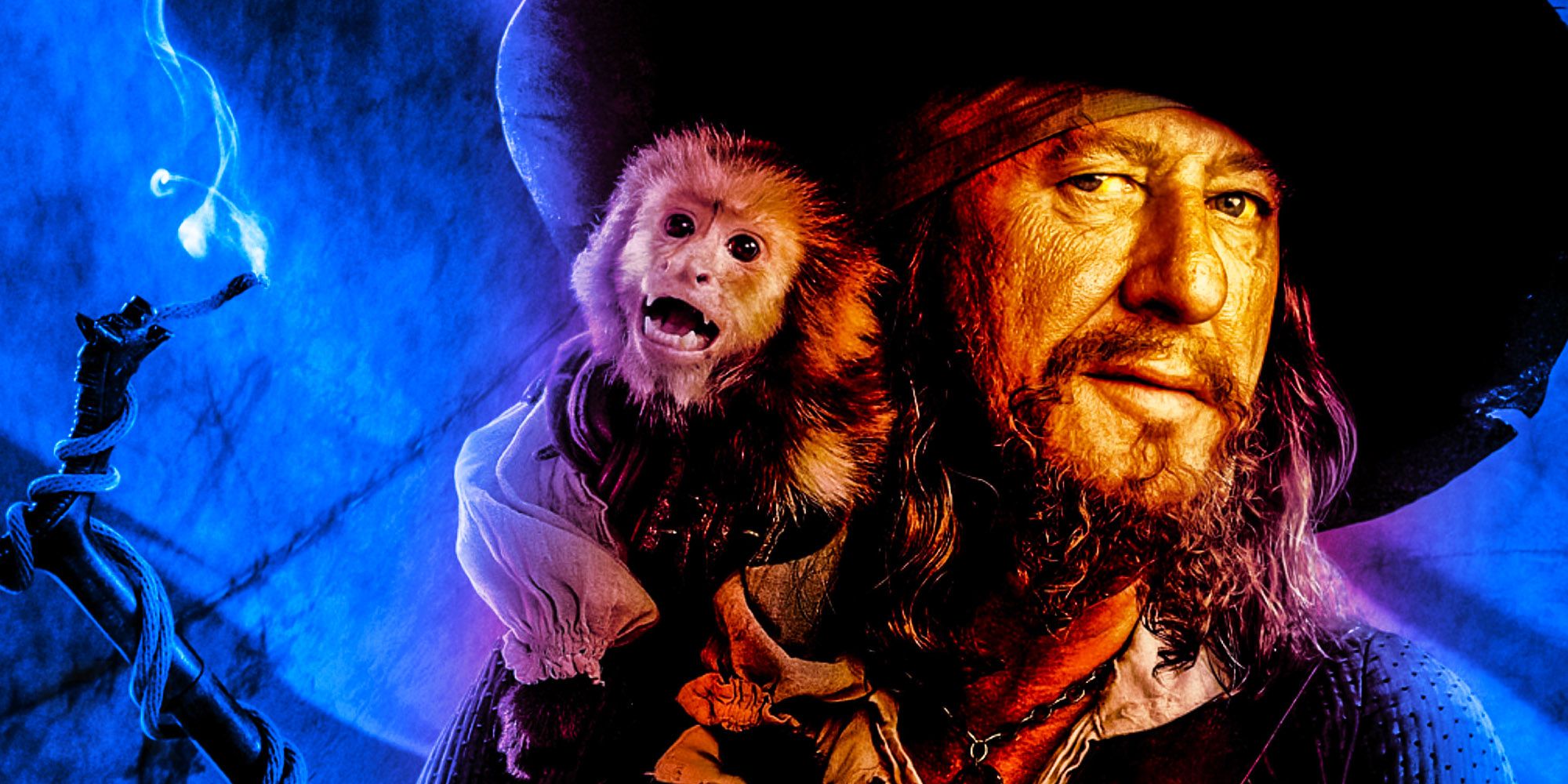Kapitän Barbossa von Fluch der Karibik mit seinem Affen vor einem Schiffsmast