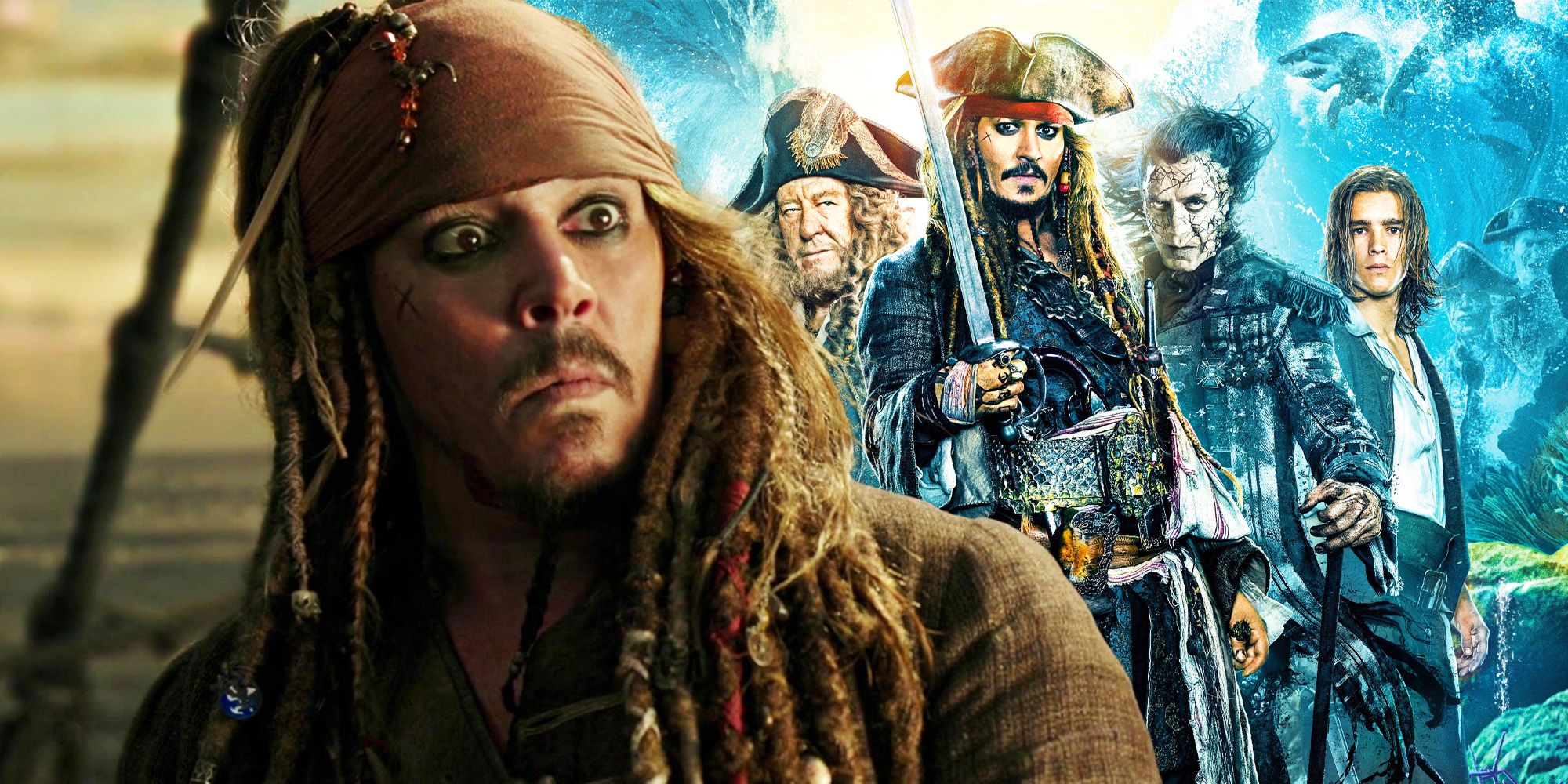 Jack Sparrow sieht überrascht vor einer Collage aus Dead Men Tell No Tales-Figuren aus
