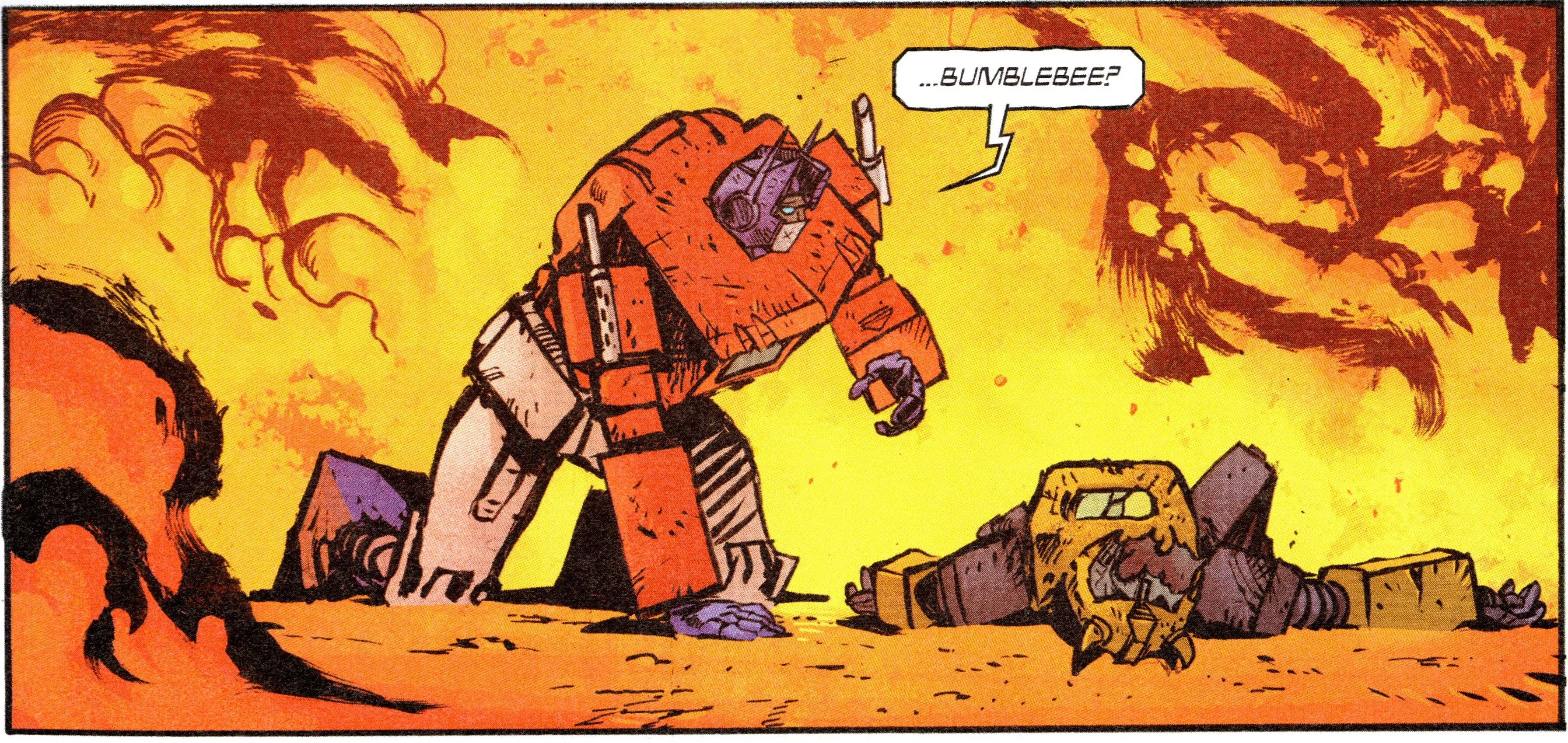Optimus Prime beugt sich über Bumblebees Körper