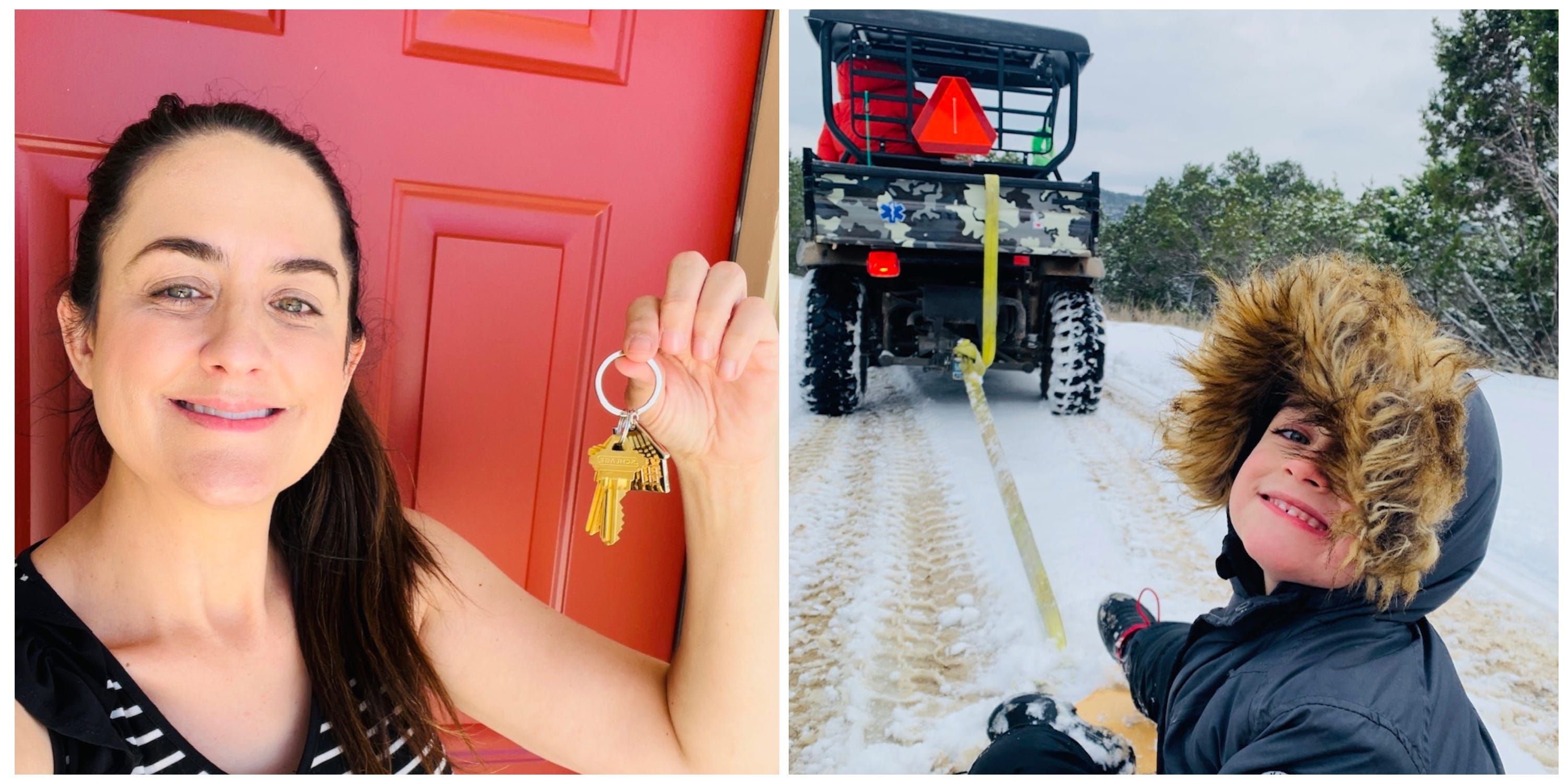 Nebeneinander Fotos von Janelle Crossan, die die Schlüssel zu ihrem neuen Haus in der Hand hält, und ihrem Sohn, der im Schnee spielt