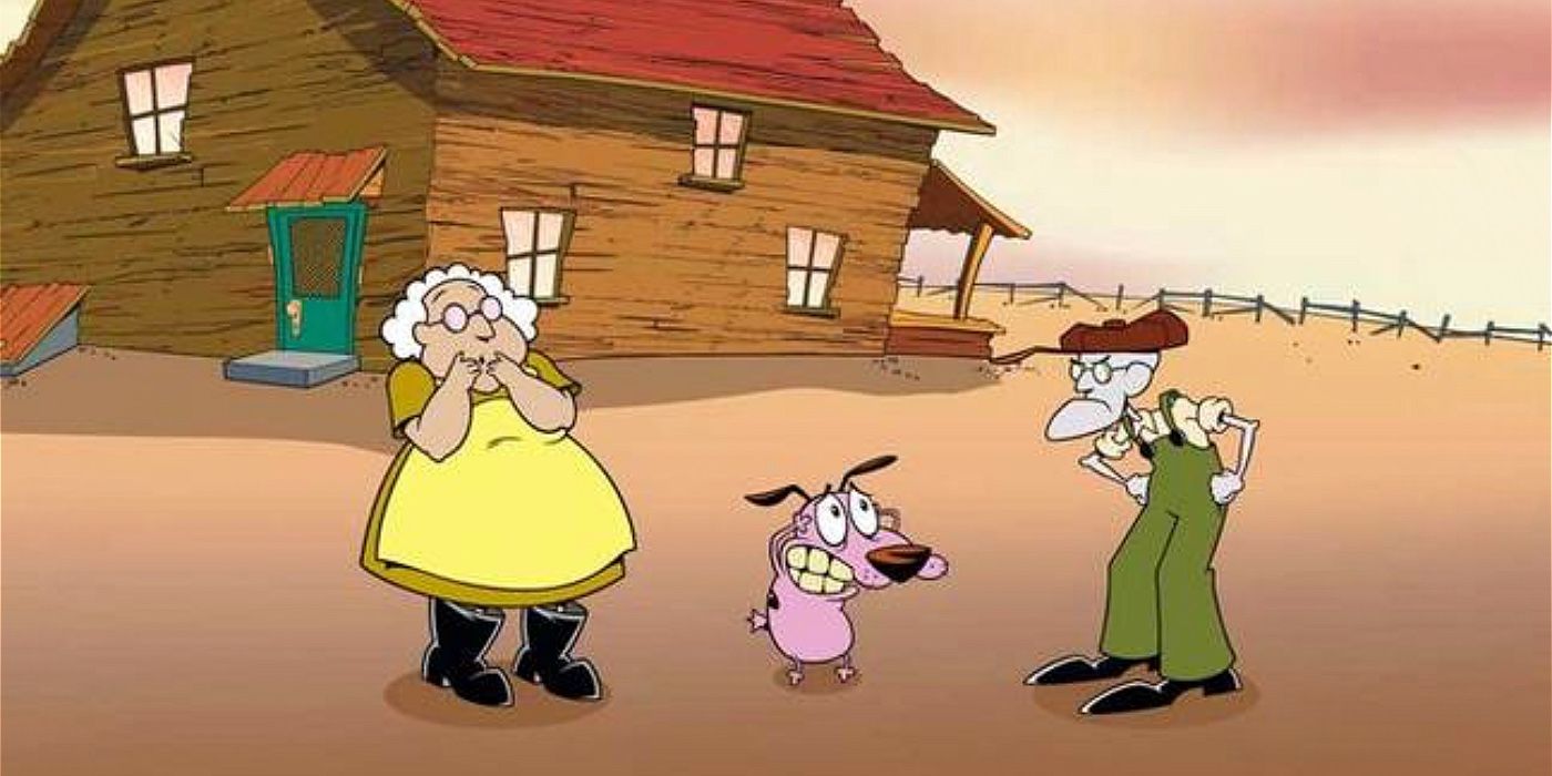 Courage, Eustace und Muriel stehen vor ihrem Bauernhaus in Courage, der feige Hund.