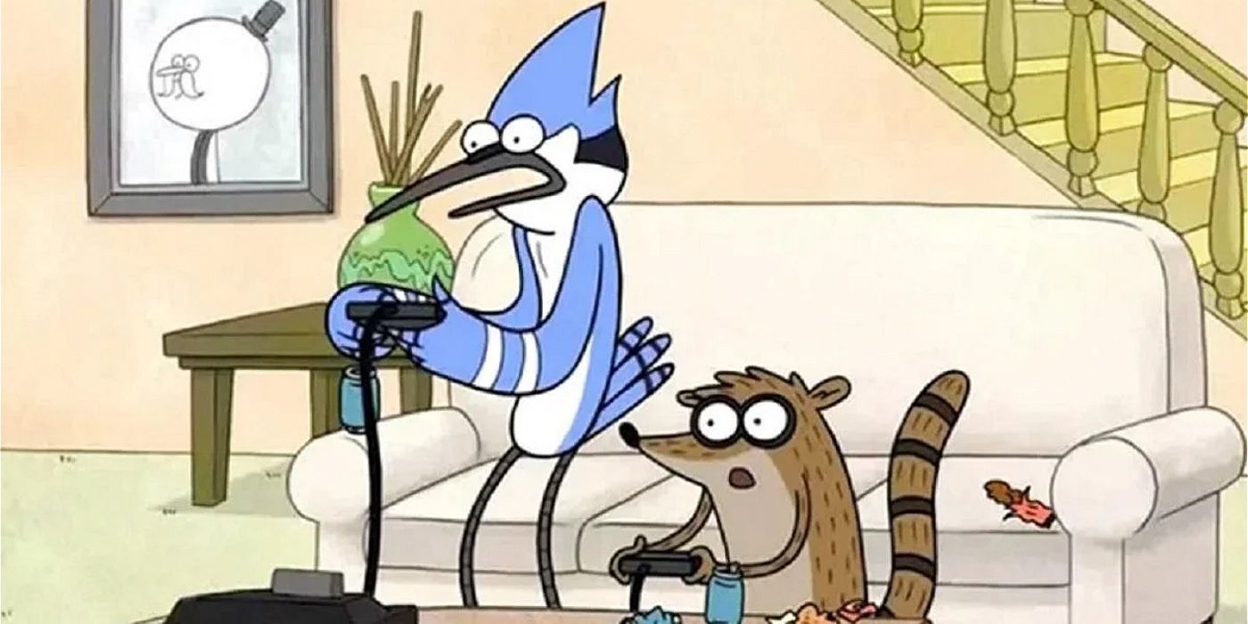 Mordecai und Rigby spielen Videospiele in der Regular Show.