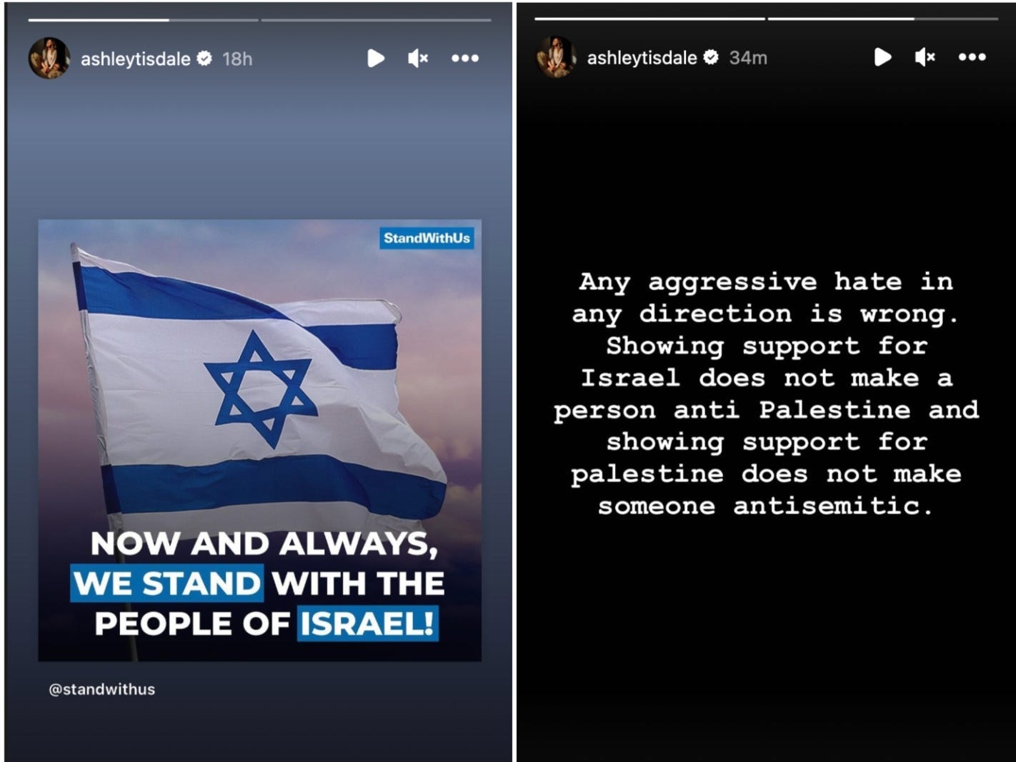 Screenshots aus Ashley Tisdales Instagram-Story, in der sie zur Unterstützung Israels postete.