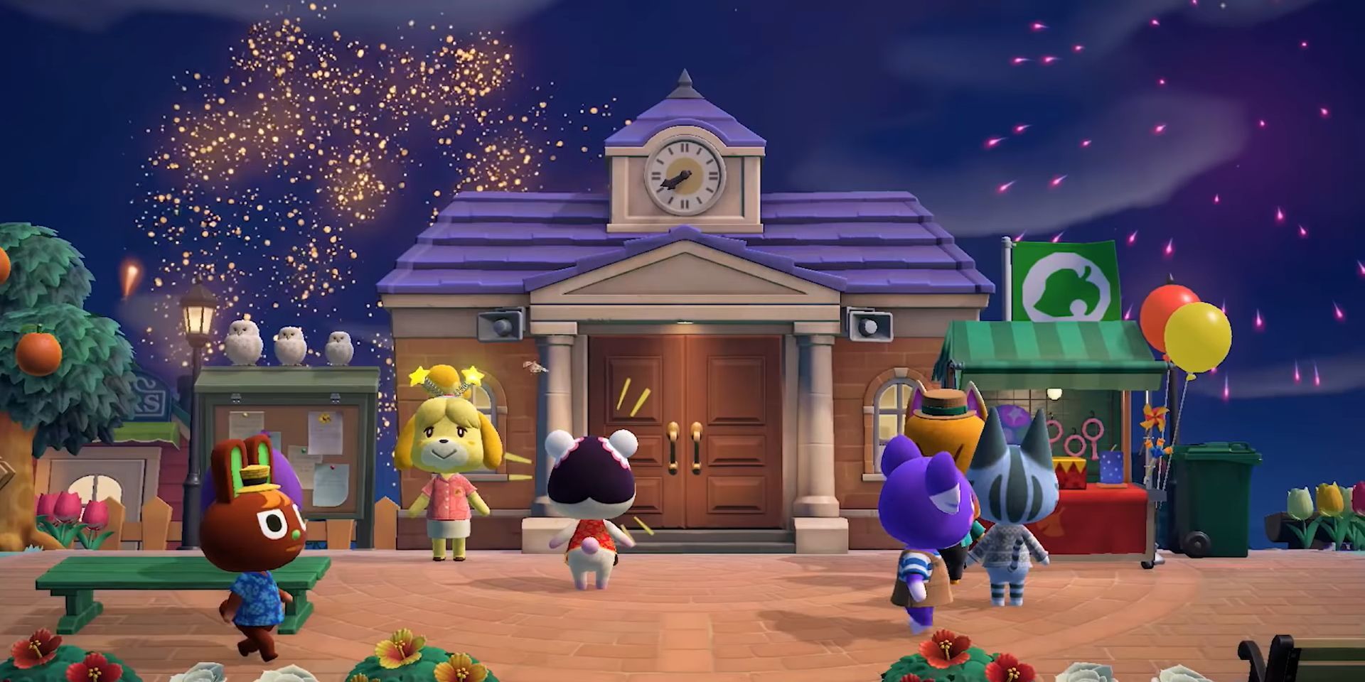Ein Screenshot aus Animal Crossing: New Horizons, der eine große Gruppe Dorfbewohner zeigt, die nachts vor dem Rathaus feiern.  In der Ferne ist ein Feuerwerk zu sehen.