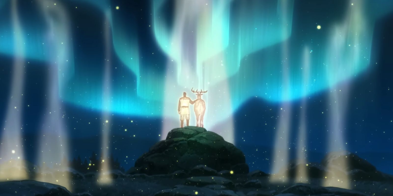 Van-und-ein-Piuika-aus-The-Deer-King-stehen-zusammen-und-beobachten-Lichter-am-Himmel