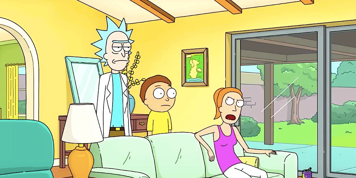 Rick sieht genervt aus, Morty starrt ausdruckslos und Summer schreit wütend im Wohnzimmer der Familie Smith während des Trailers zur siebten Staffel von Rick und Morty
