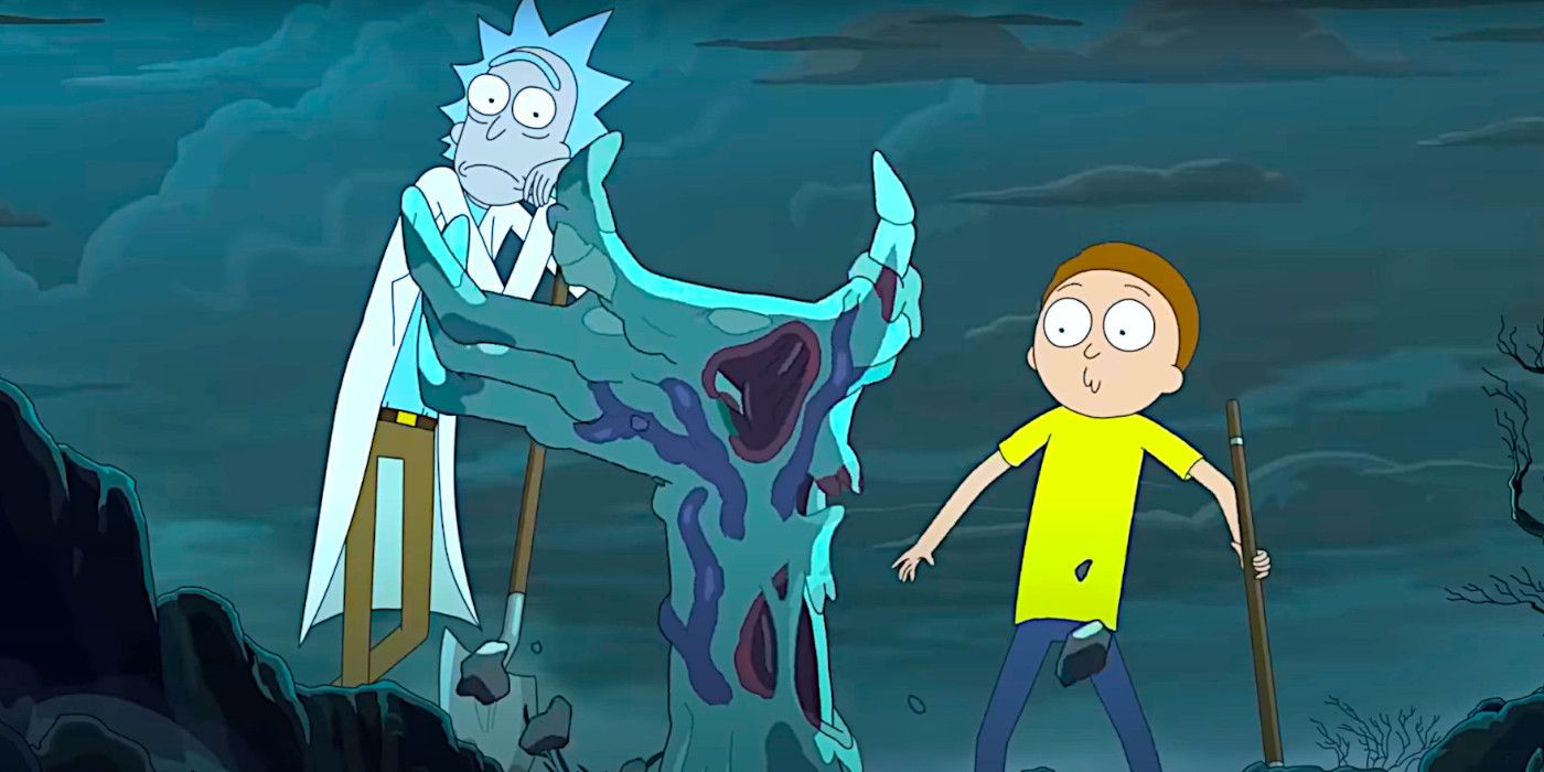 Rick und Morty reagieren auf eine verwesende Zombiehand, die aus dem Boden aufsteigt