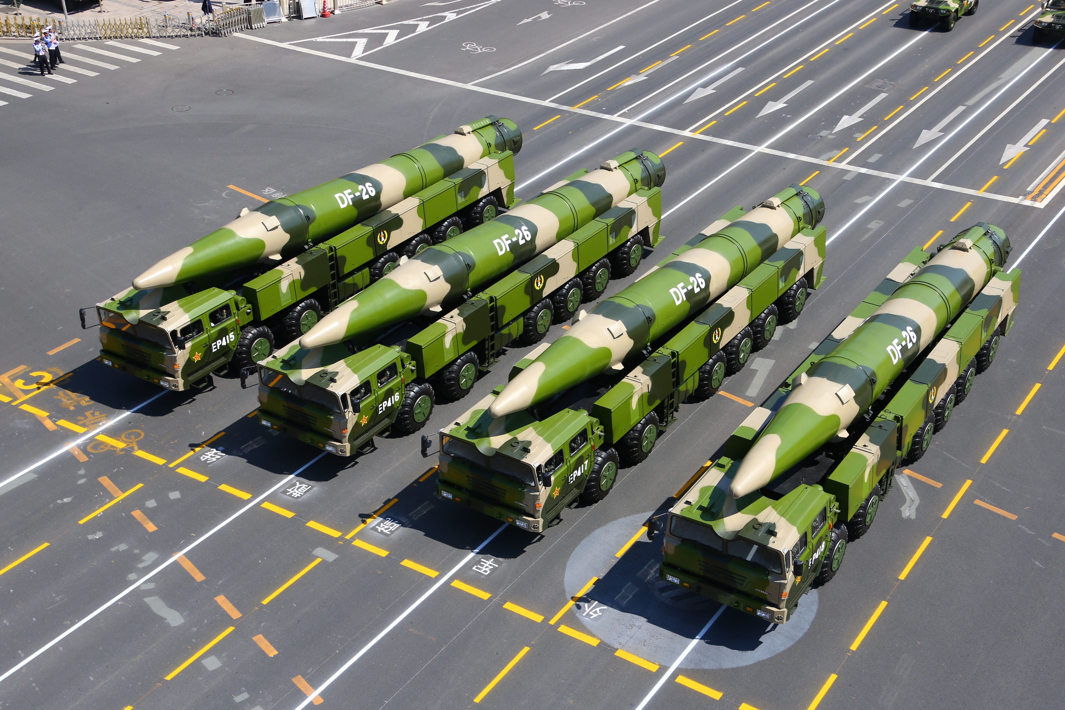 DF-26-Raketen nehmen an der Militärparade in Peking, der Hauptstadt Chinas, am 3. September 2015 teil.