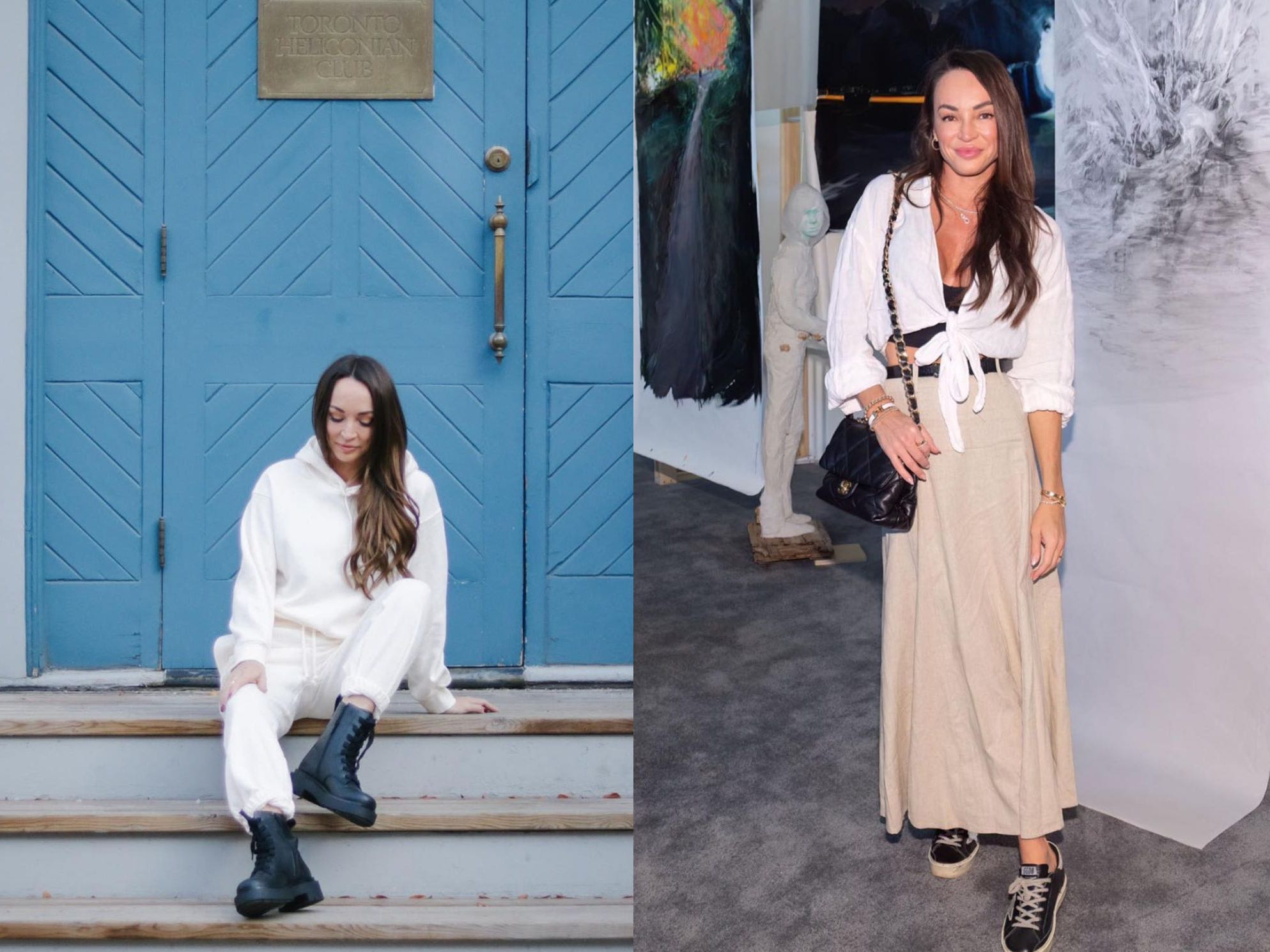 Zwei Fotos der Stylistin in neutralen Outfits