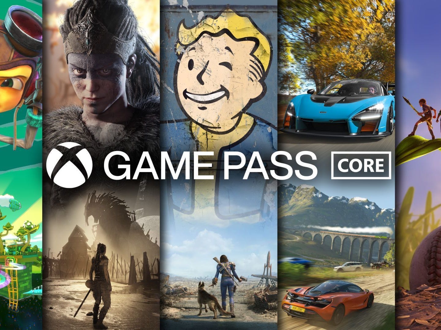 Werbebild für Xbox Game Pass Core, das nebeneinanderliegende Grafiken aus verschiedenen Spielen zeigt, die in einer Mitgliedschaft enthalten sind.
