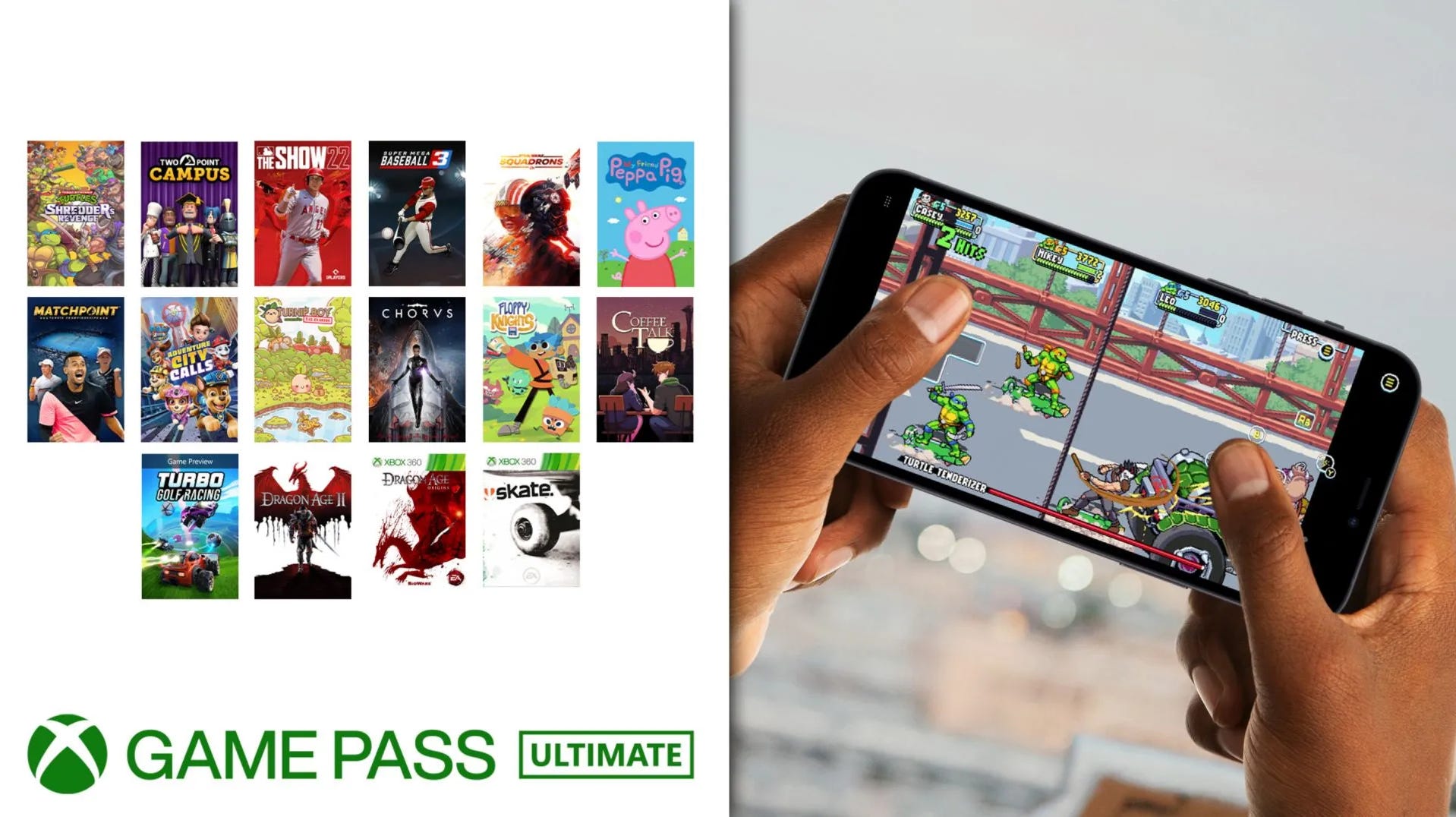 Ein Bild nebeneinander mit einer Liste der auf Xbox Game Pass Streaming verfügbaren Spiele und einer Person, die auf einem Mobilgerät spielt.