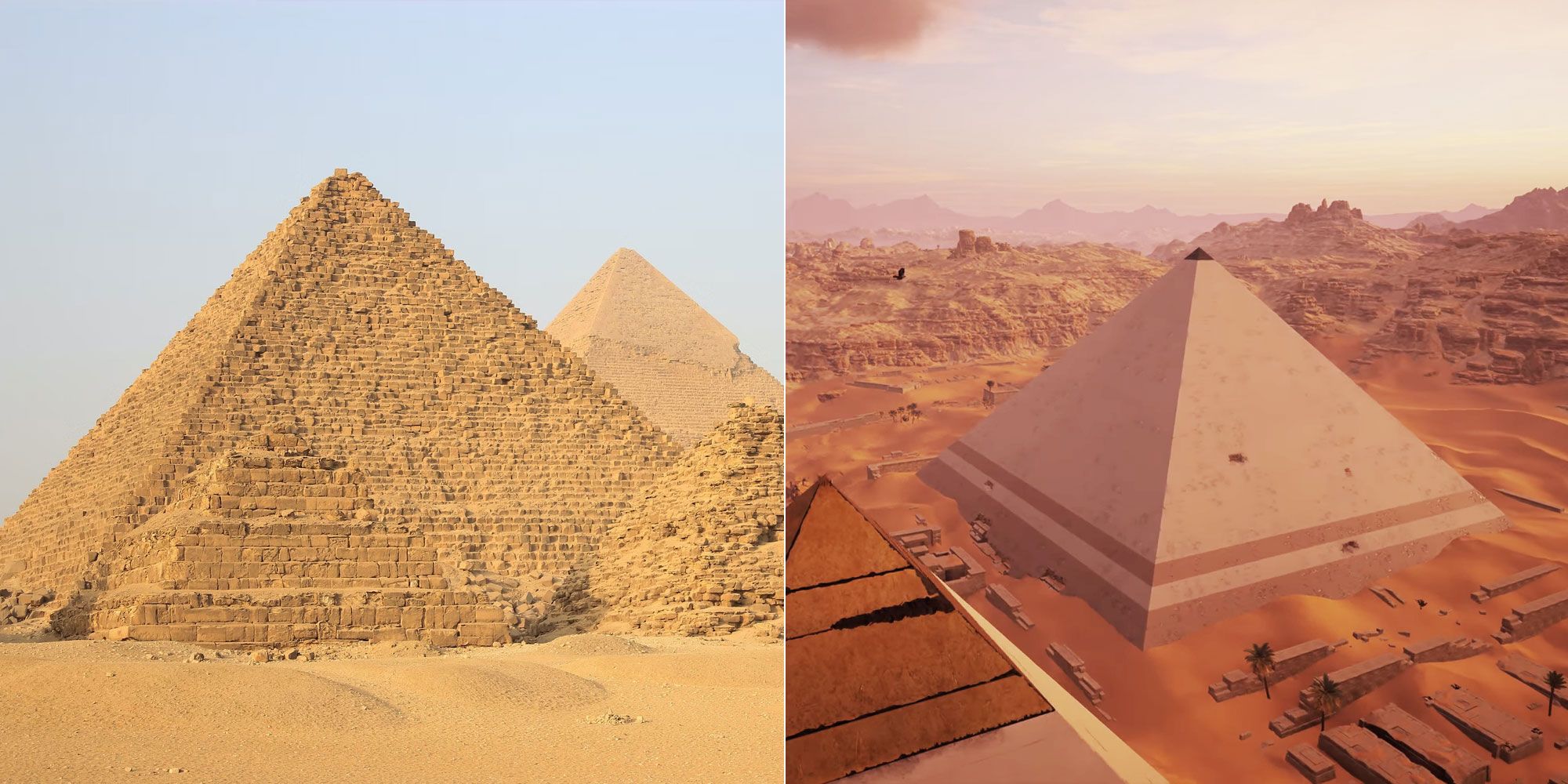 Echtes Bild der Pyramiden von Gizeh vs. Assassins Creed.