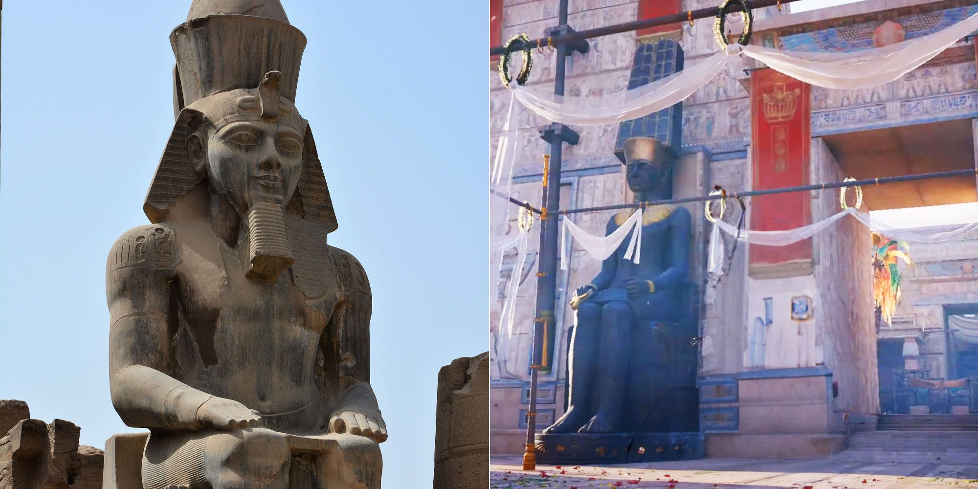 Tempel von Karnak in Ägypten Assassin's Creed vs. echtes Foto. 