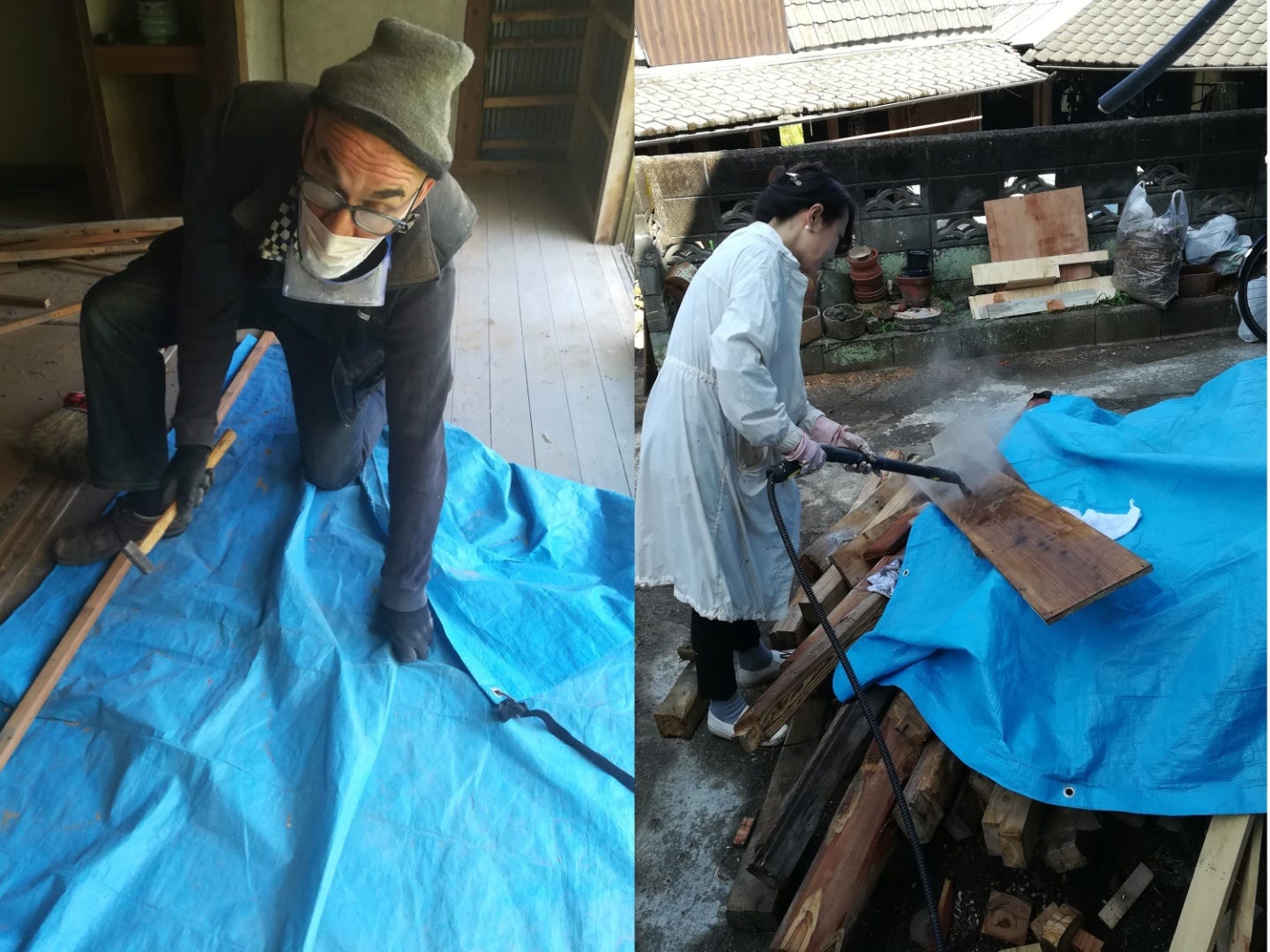 Ein zusammengesetztes Bild des Paares während der Restaurierung des verlassenen japanischen Hauses.