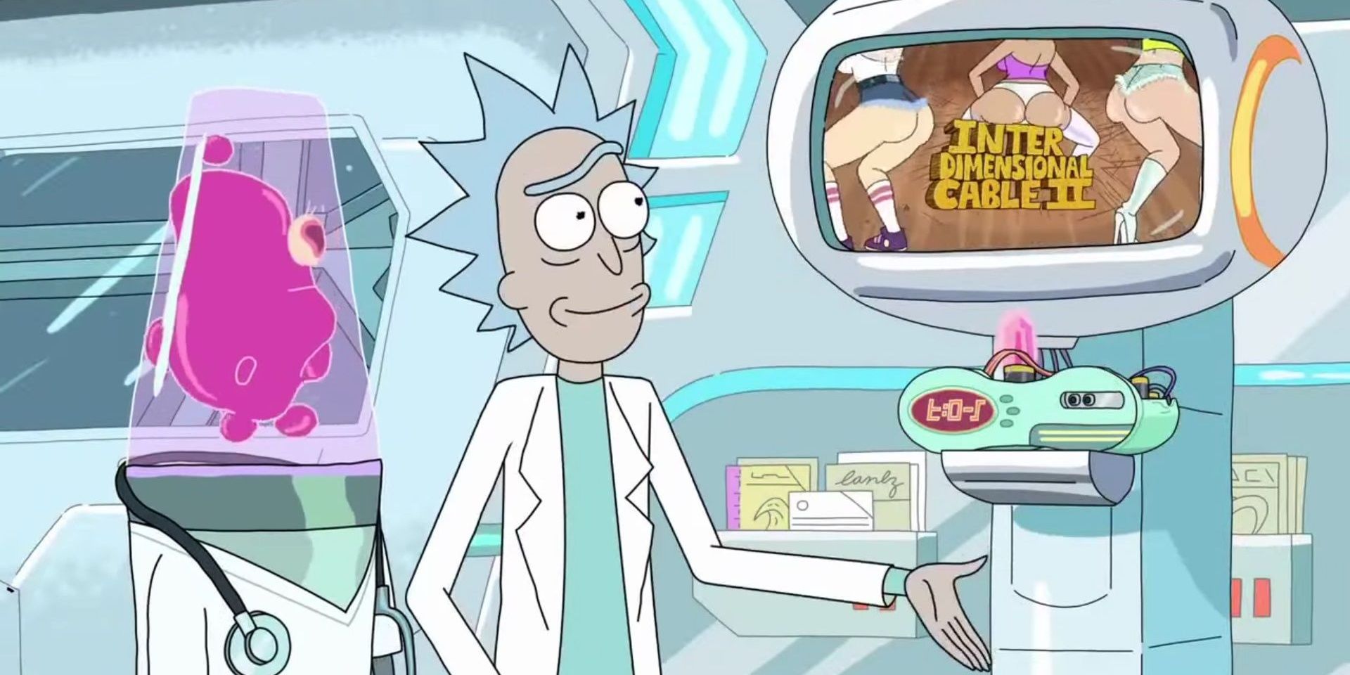 Rick schaut während Rick and Morty Interdimensional Cable 2 in einem Alien-Krankenhaus fern