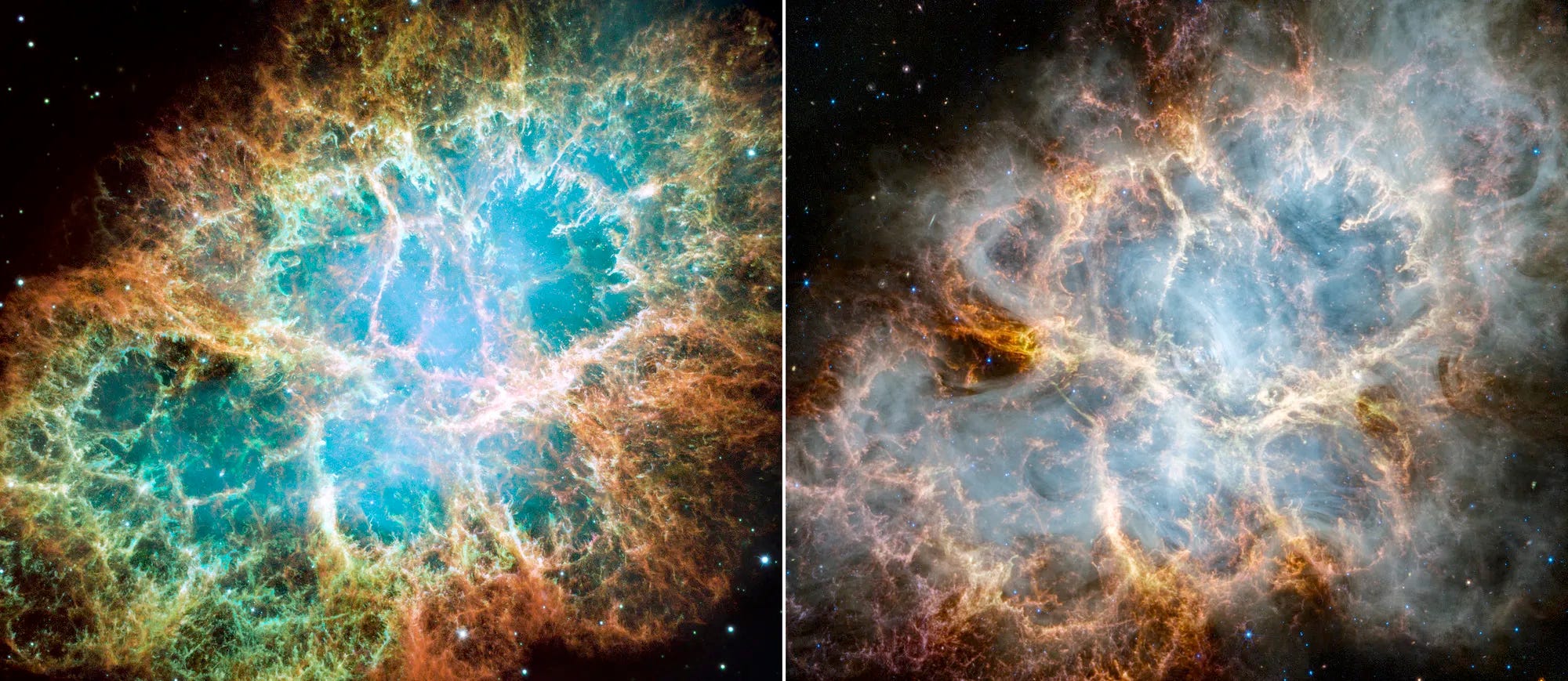 Nebeneinander liegende Bilder des Krebsnebels vom Hubble-Weltraumteleskop und vom James-Webb-Weltraumteleskop mit trüber weißen Wolken, die im JWST-Bild zu sehen sind.