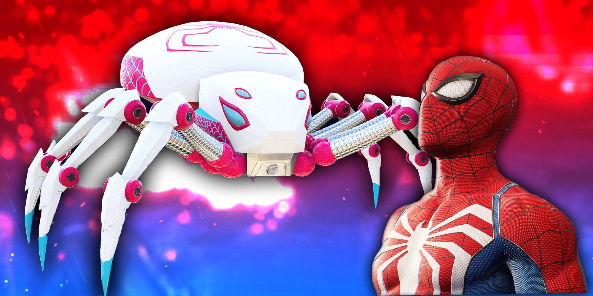 Gwen Stacy Spider-Bot steht bereit neben einer Darstellung von Spider-Man vor einem glitzernden roten und blauen Hintergrund.