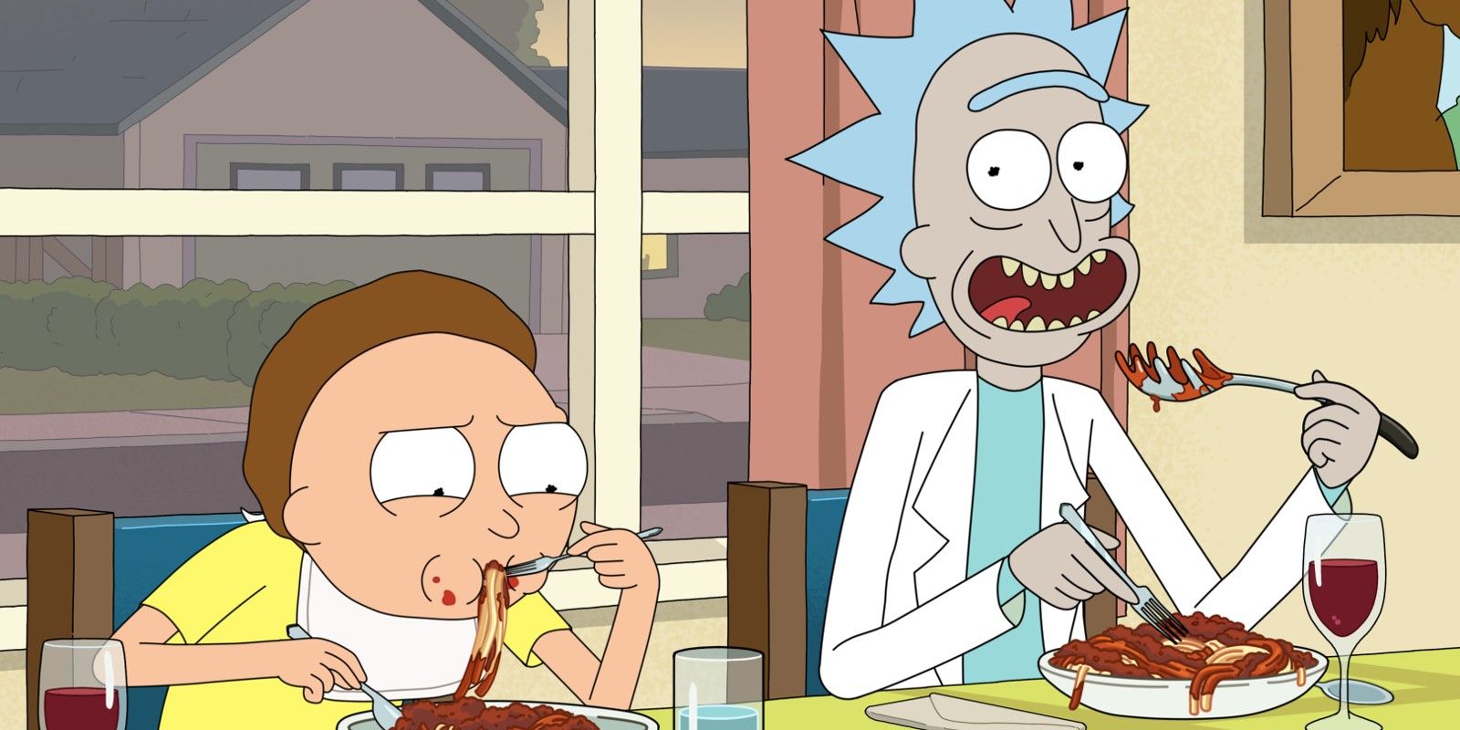 Rick und Morty essen Spaghetti