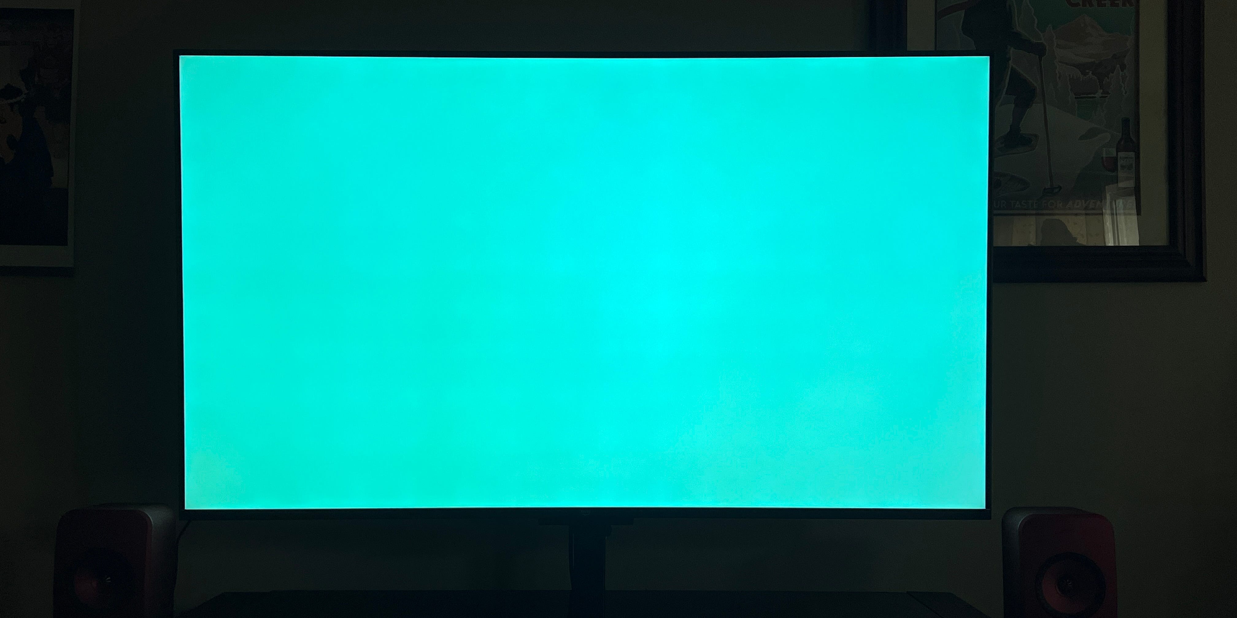 Ein hellgrüner Testmusterbildschirm auf dem Amazon Omni QLED-Fernseher.