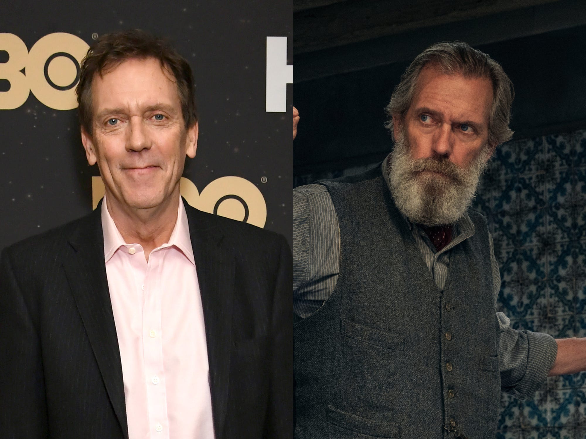 links: Hugh Laurie auf einem roten Teppich, leicht lächelnd und in einem rosa Hemd mit schwarzem Blazer;  Rechts: Laurie als Etienne in all dem Licht, das wir nicht sehen können, sein Bart und seine Haare sind herausgewachsen und grau, er trägt ein graues Hemd und eine Weste und späht um eine Ecke