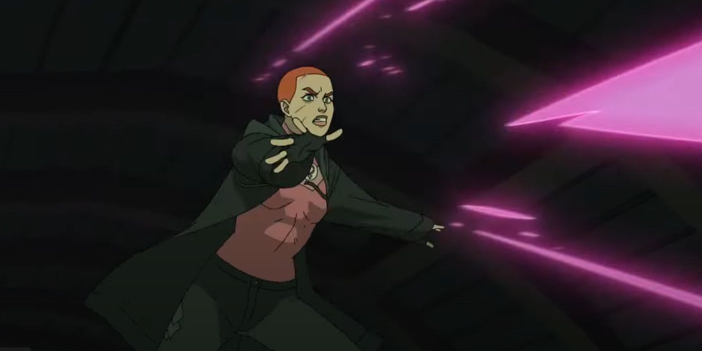 Eva aus dem alternativen Universum mit rasiertem Kopf schießt rosa Laser auf Invincible