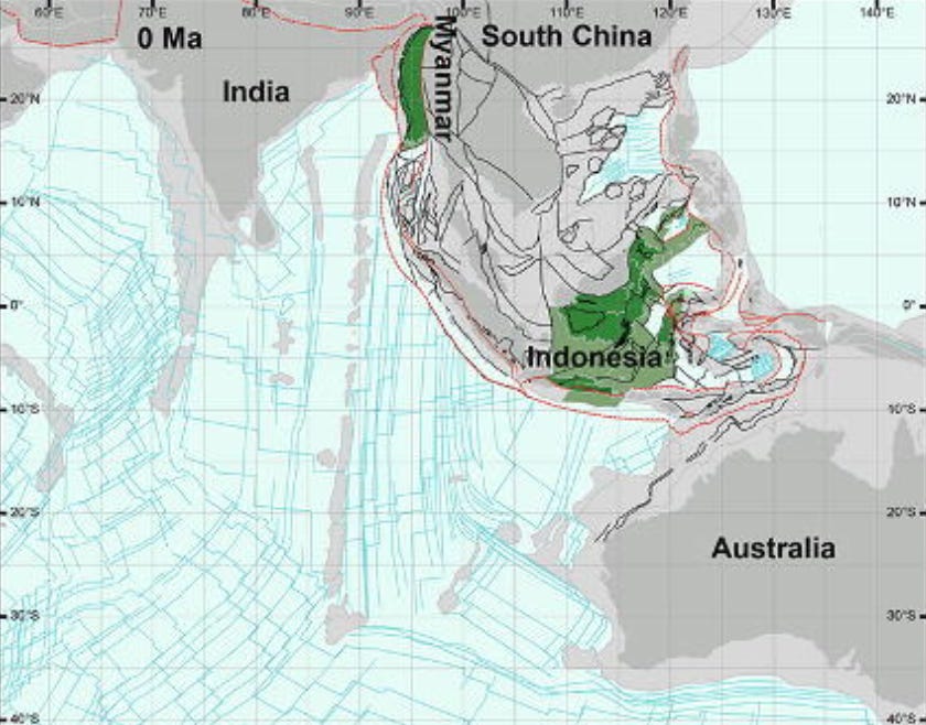 Ein Diagramm zeigt die Lage von Argoland auf einer Karte.  Der Mikrokontinent ist unter der Ostseite Indonesiens dargestellt.