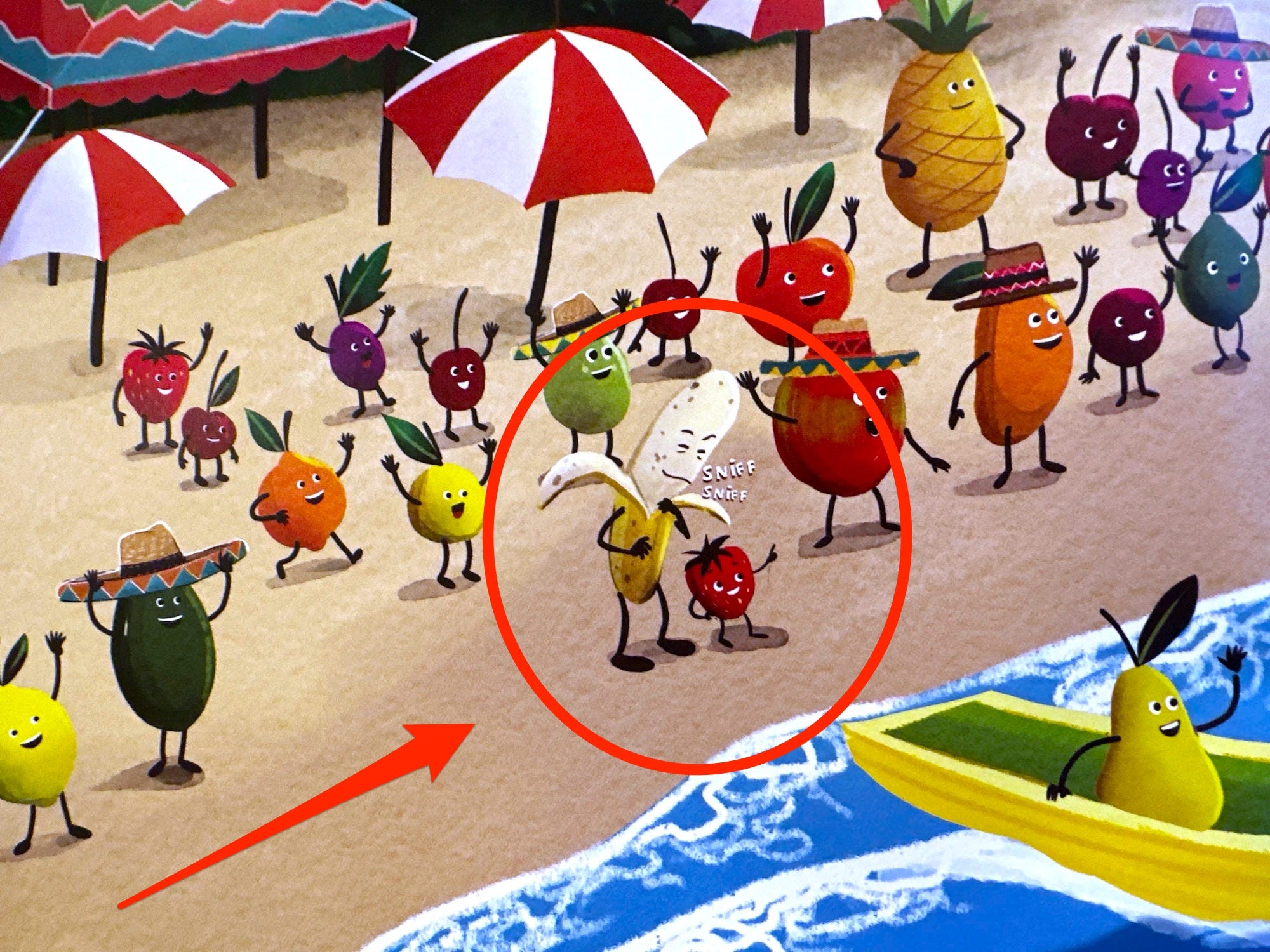 Señor Banana, die Figur basierend auf Joe Biden, schnüffelt von hinten an einer weiteren Frucht.