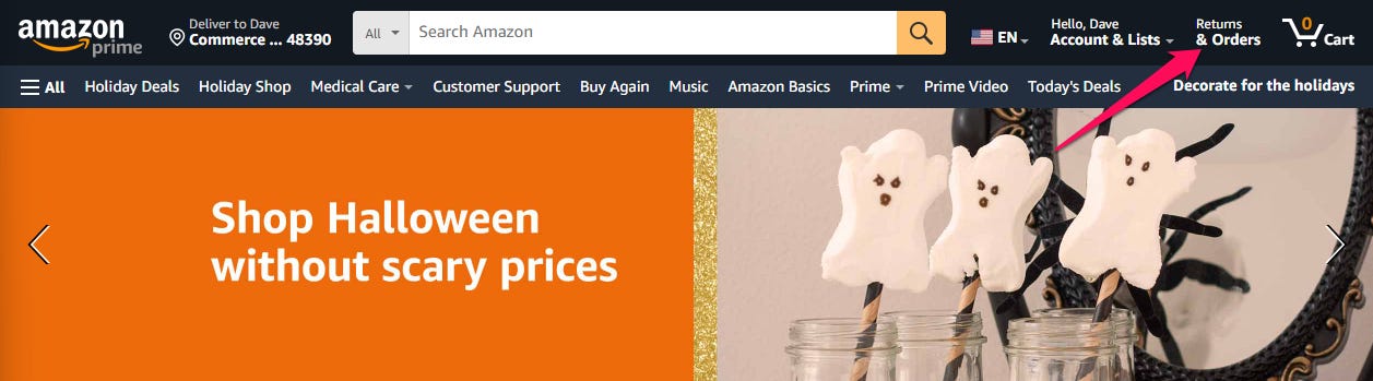 Das Menü „Rückgaben und Bestellungen“ auf der Amazon-Webseite.
