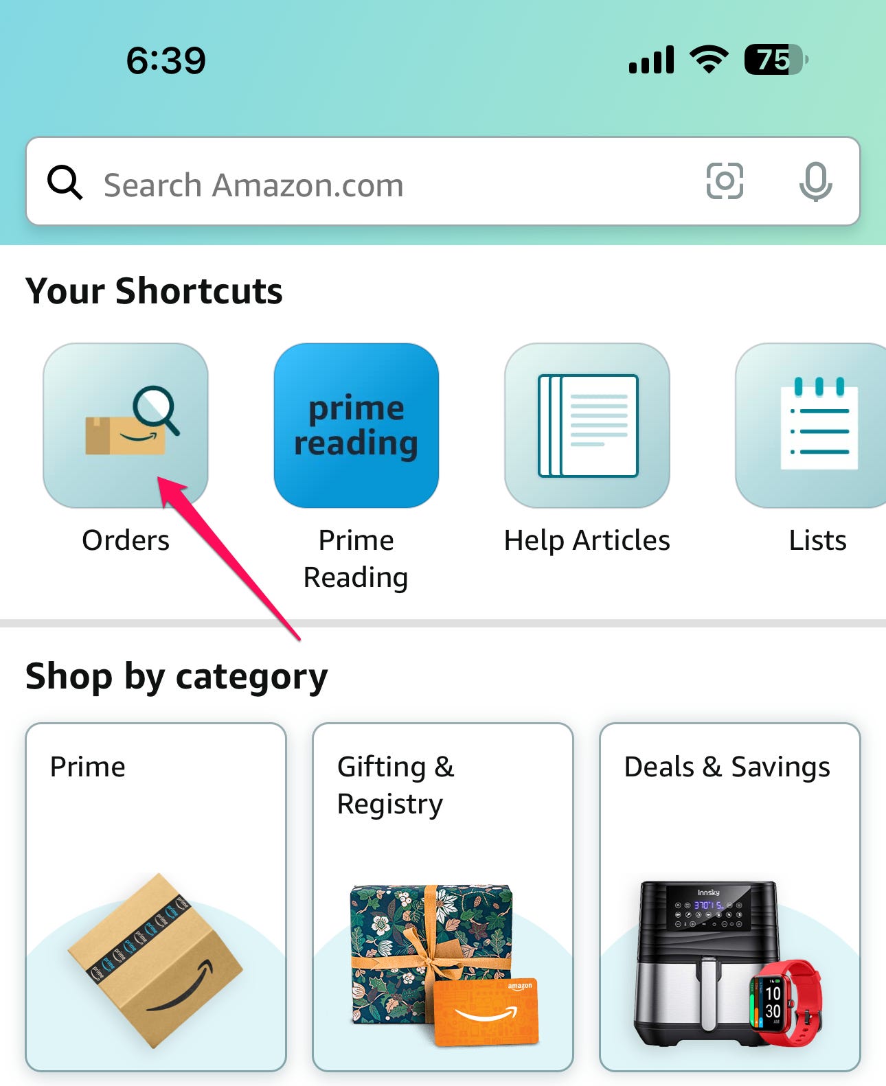 Pfeil zeigt auf das Symbol zum Öffnen Ihrer Bestellliste in der Amazon-App für iOS.
