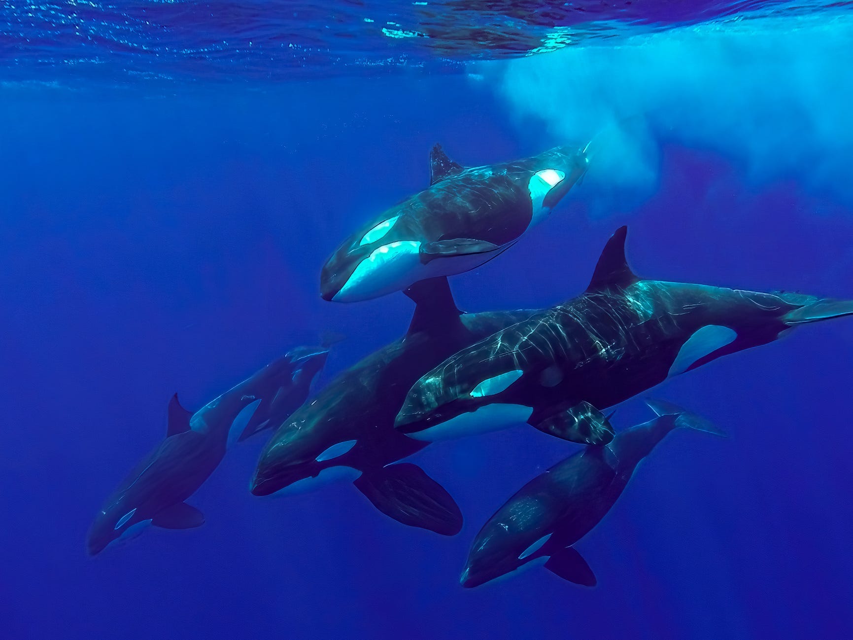 Familie freier Orcas schwimmt zusammen.