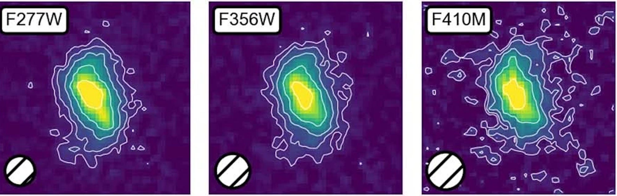 Drei Aufnahmen der Galaxie Ceers-2112 werden nebeneinander gezeigt.  Diese erscheinen als längliche Kleckse in einem Farbverlauf, der von Gelb nach Blau übergeht.
