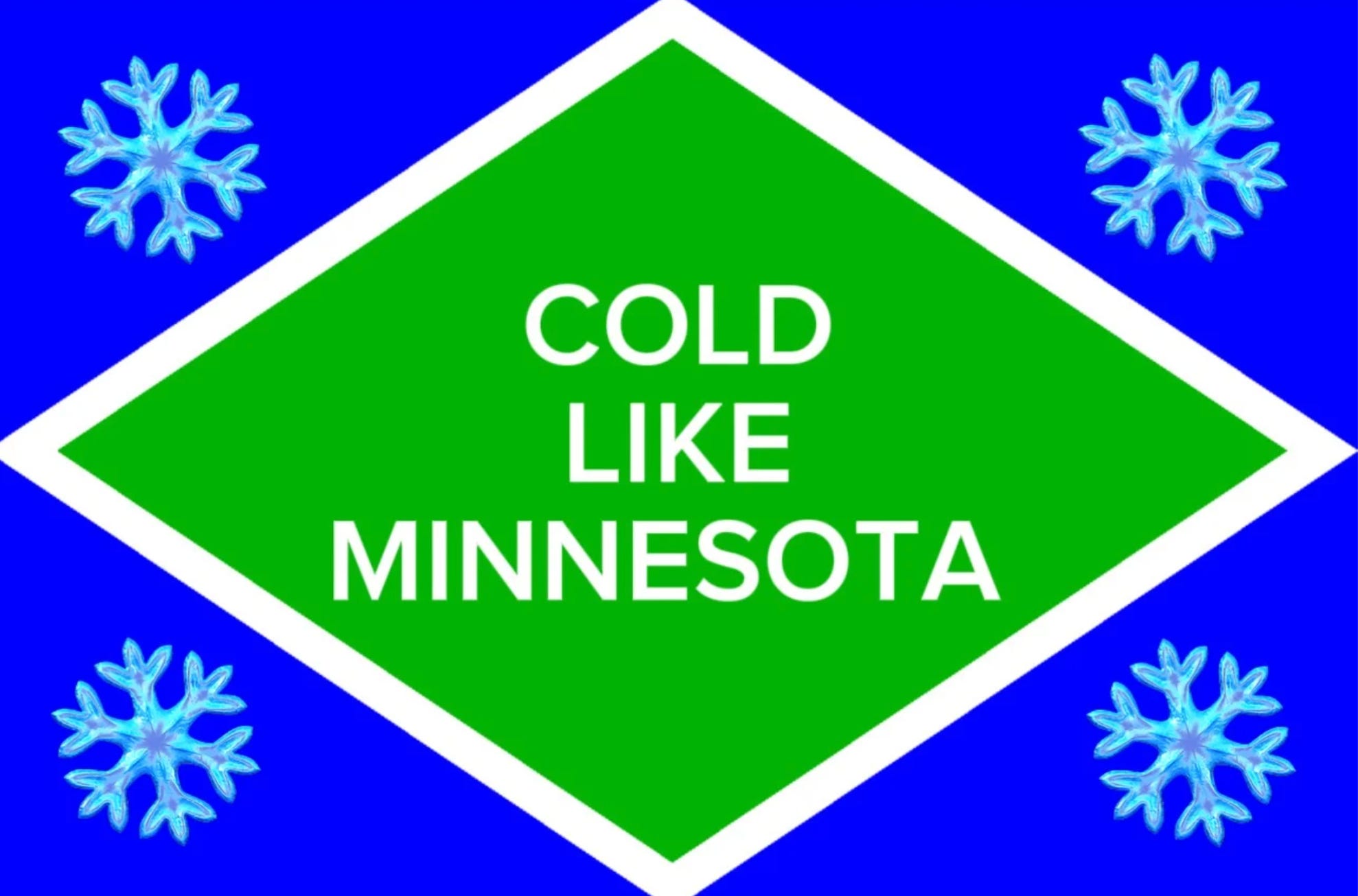 Diese Flagge zeigt vier Schneeflocken, die ein Emblem mit der Aufschrift „COLD LIKE MINNESOTA“ umgeben.