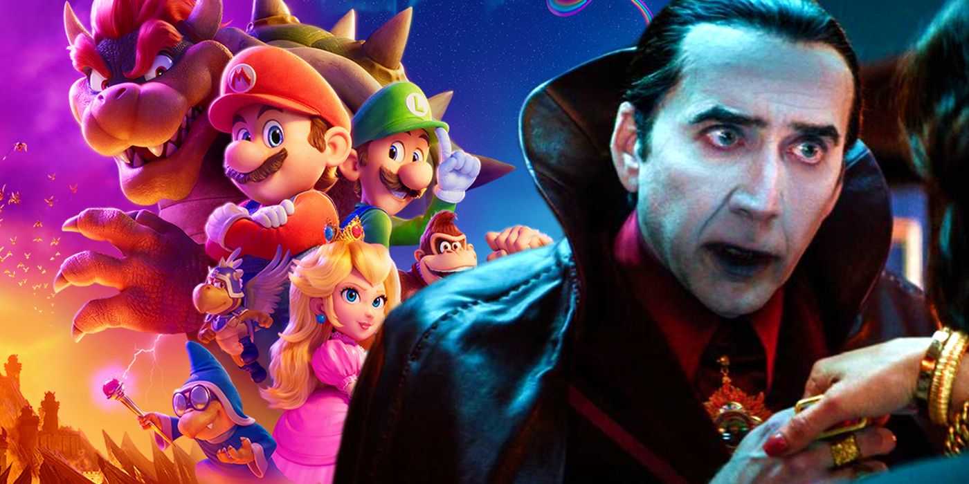 Nicolas Cage als Dracula in Redfield neben dem Super Mario Bros.-Filmplakat