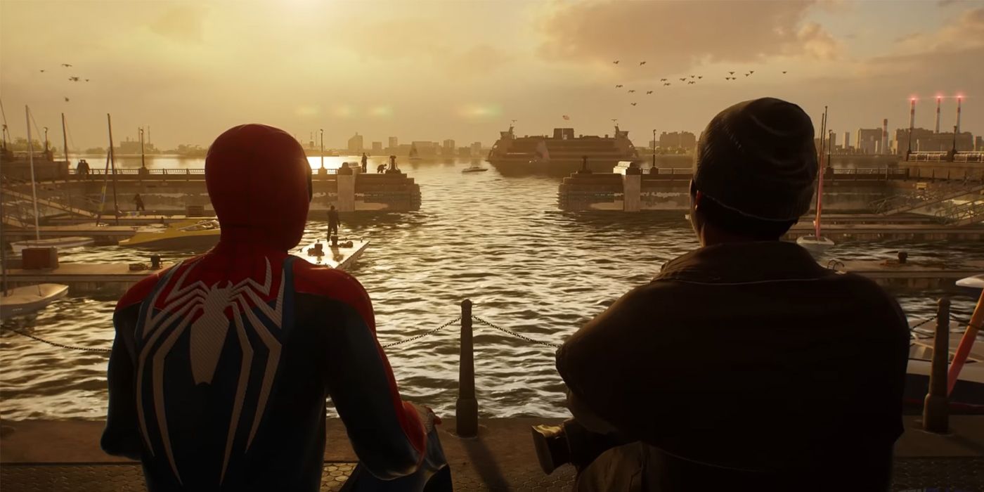 Peter und Howard blicken in Spider-Man 2 bei Sonnenuntergang auf den East River
