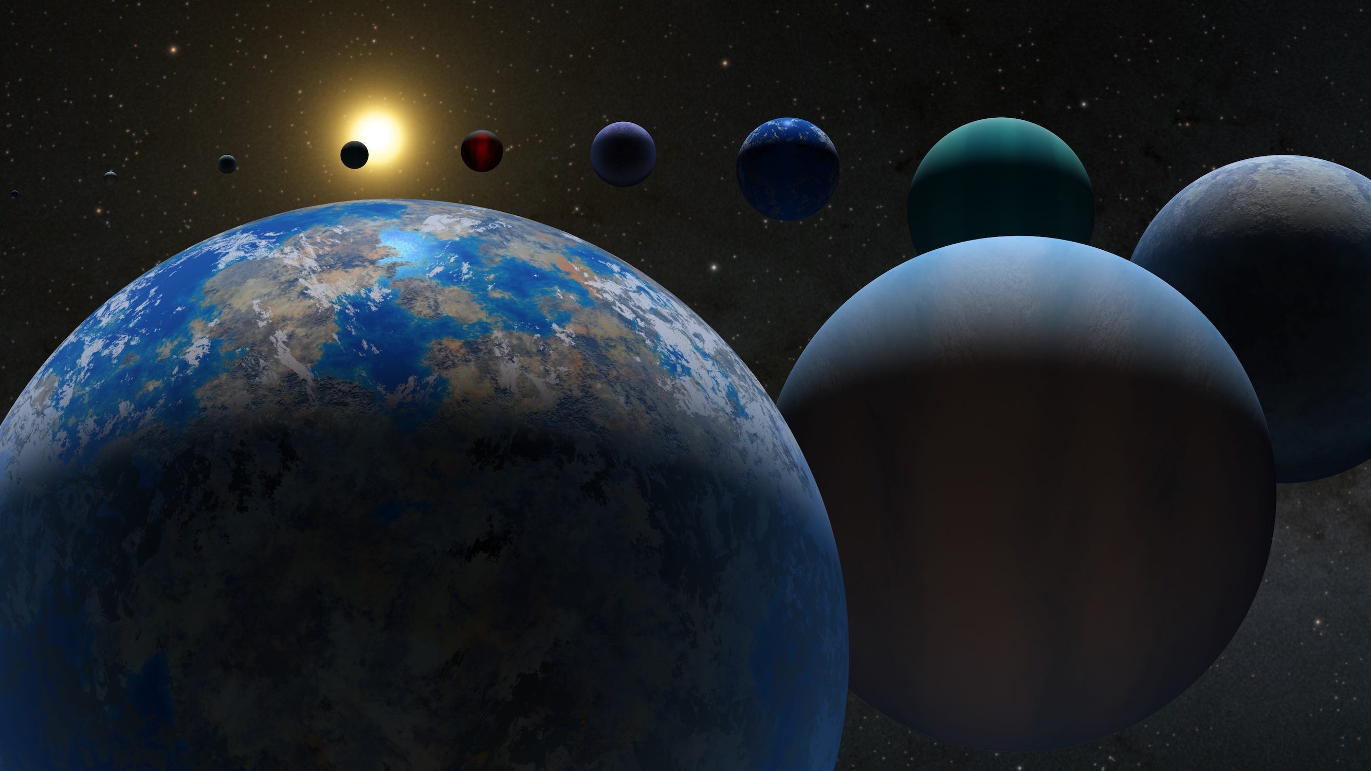 Abbildung: Planeten blau, grün, braun, rot, in einem Kreis im Weltraum aufgereiht