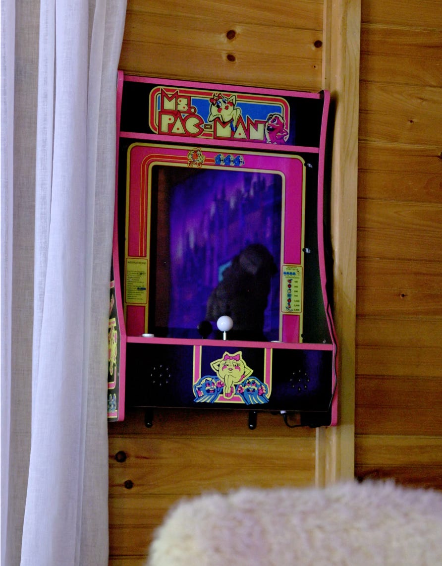 Ms. Pacmans Spielekonsole ist an einer holzgetäfelten Wand montiert