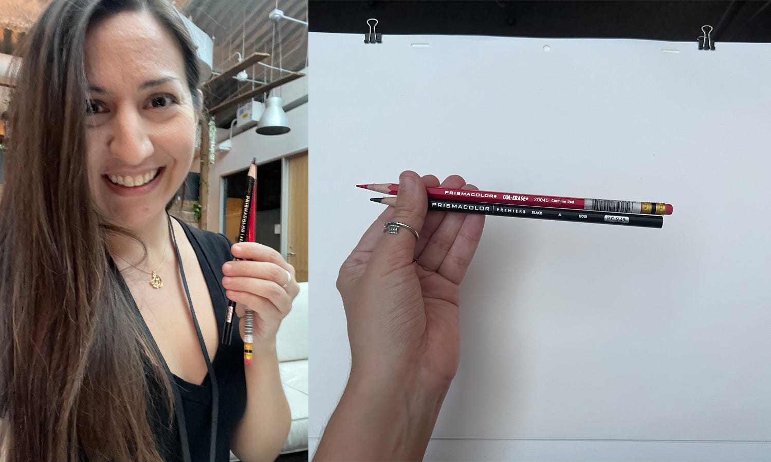 Kirsten Acuna hält Prismacolor-Stifte über einem Skizzenblock.