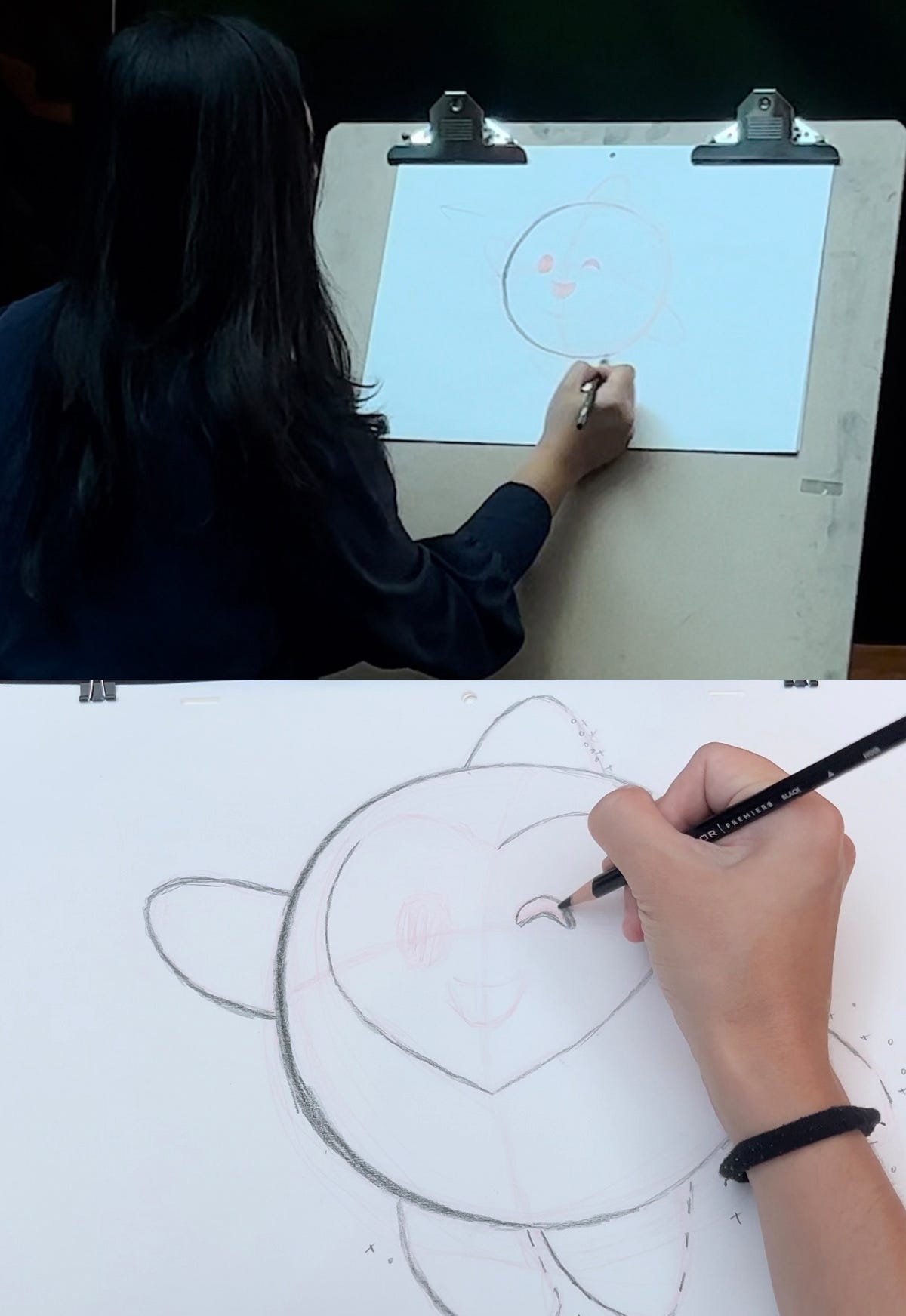 Sastrawinata-Lemay demonstriert im oberen Bild das Zeichnen kurzer Striche auf Star, während Kirsten Acunas rechte Hand daran arbeitet, ihre eigene Zeichnung auszufüllen.