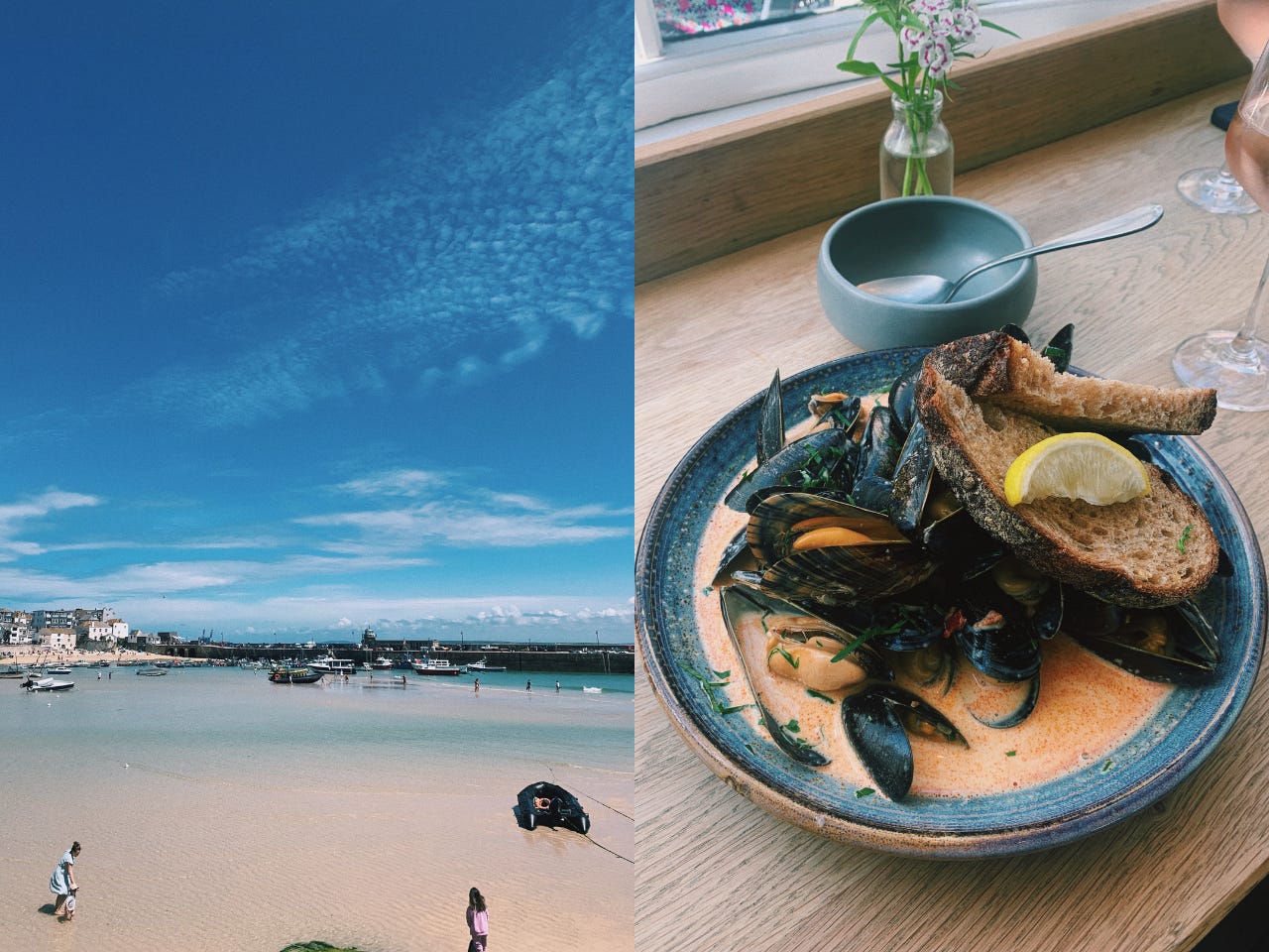 Fotos nebeneinander von einem Strand und einem Teller Muscheln in St. Ives, Cornwall.