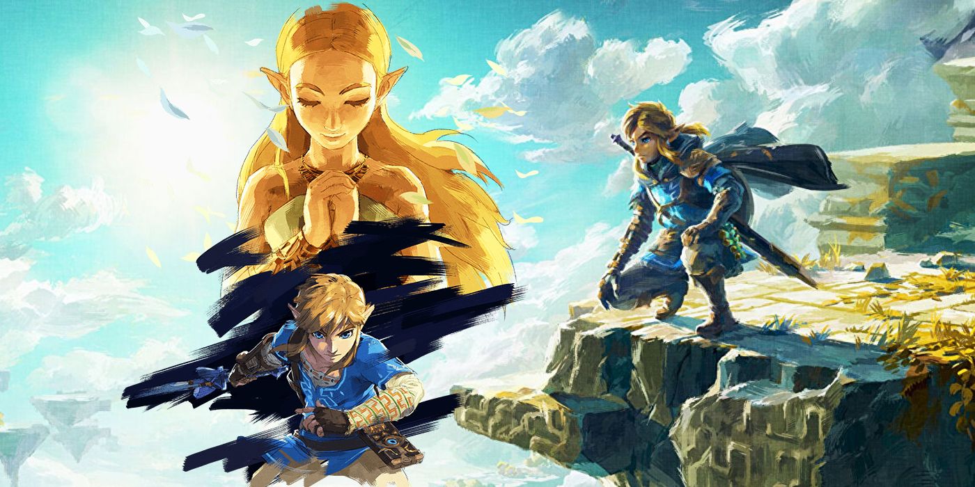 Box-Artwork für Legend of Zelda: Tears of the Kingdom, das Link in blauen Roben zeigt, der auf einer Klippe thront.  Auf der linken Seite ist ein Bild für den DLC-Season Pass von Breath of the Wild eingefügt, das eine goldene Prinzessin Zelda über einem schwertschwingenden Link zeigt.