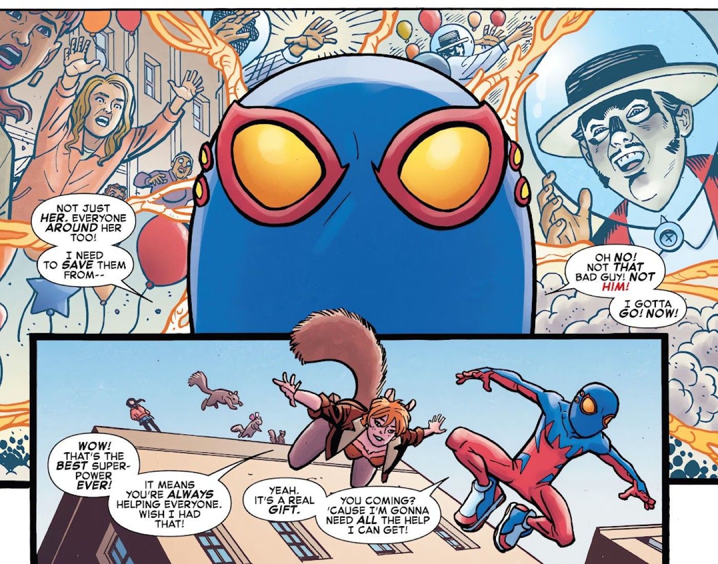 Panels aus Spider-Boy Nr. 1, Spider-Boys Spider Sense dreht sich um den Ballonmann, Squirrel Girl schließt sich ihm an